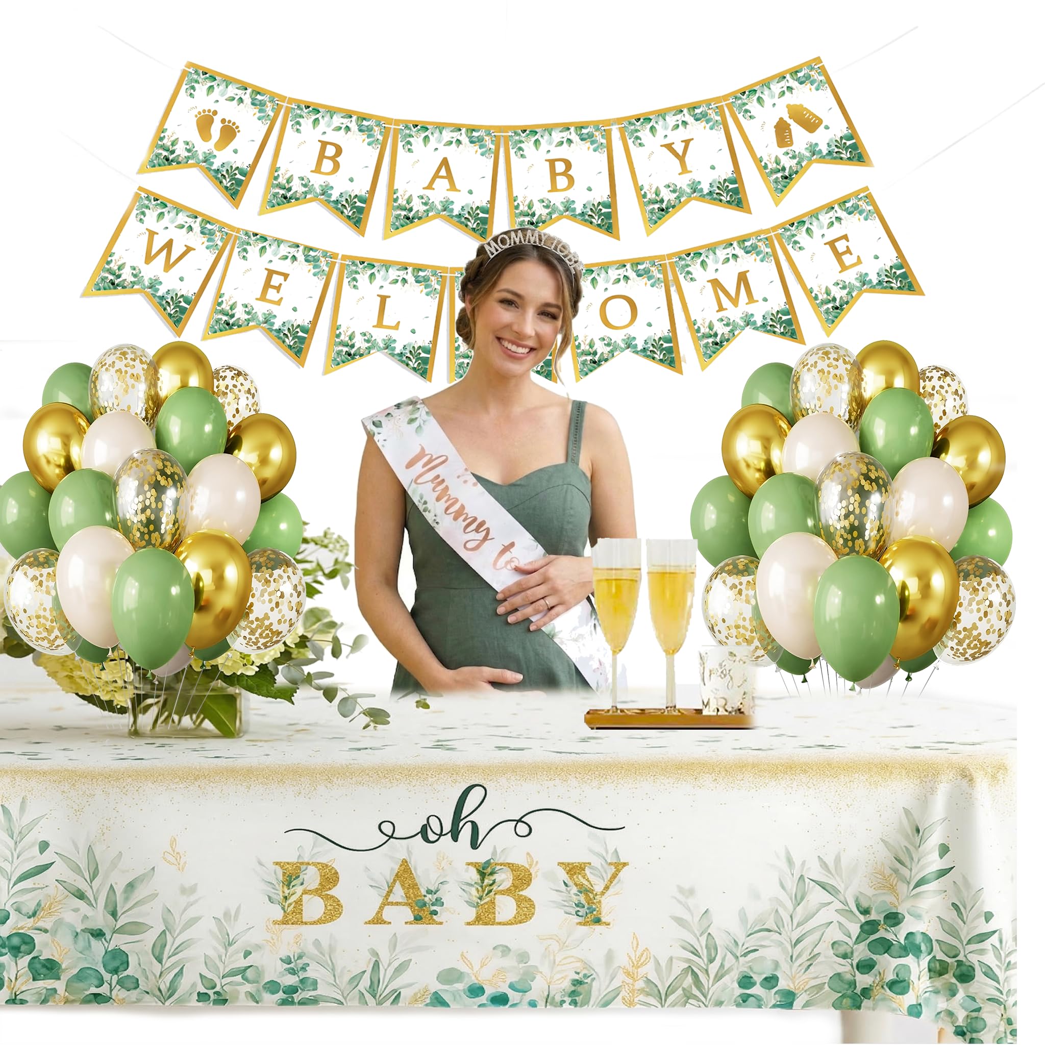 Posoto Baby Shower Decorations - 34 Pcs Sage Green Party Decor with Tablecloth and Banner - Neutral Eucalyptus Theme for Gender Reveal Celebration — image 1