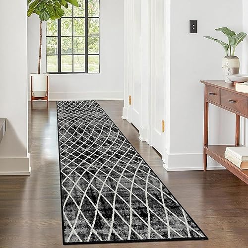 Miniatura 2 de Alfombra de pasillo de enrejado lavable  Alfombra de pasillo negra de 2 x 8 pulgadas con respaldo de goma, envejecida moderna geométrica enrejado