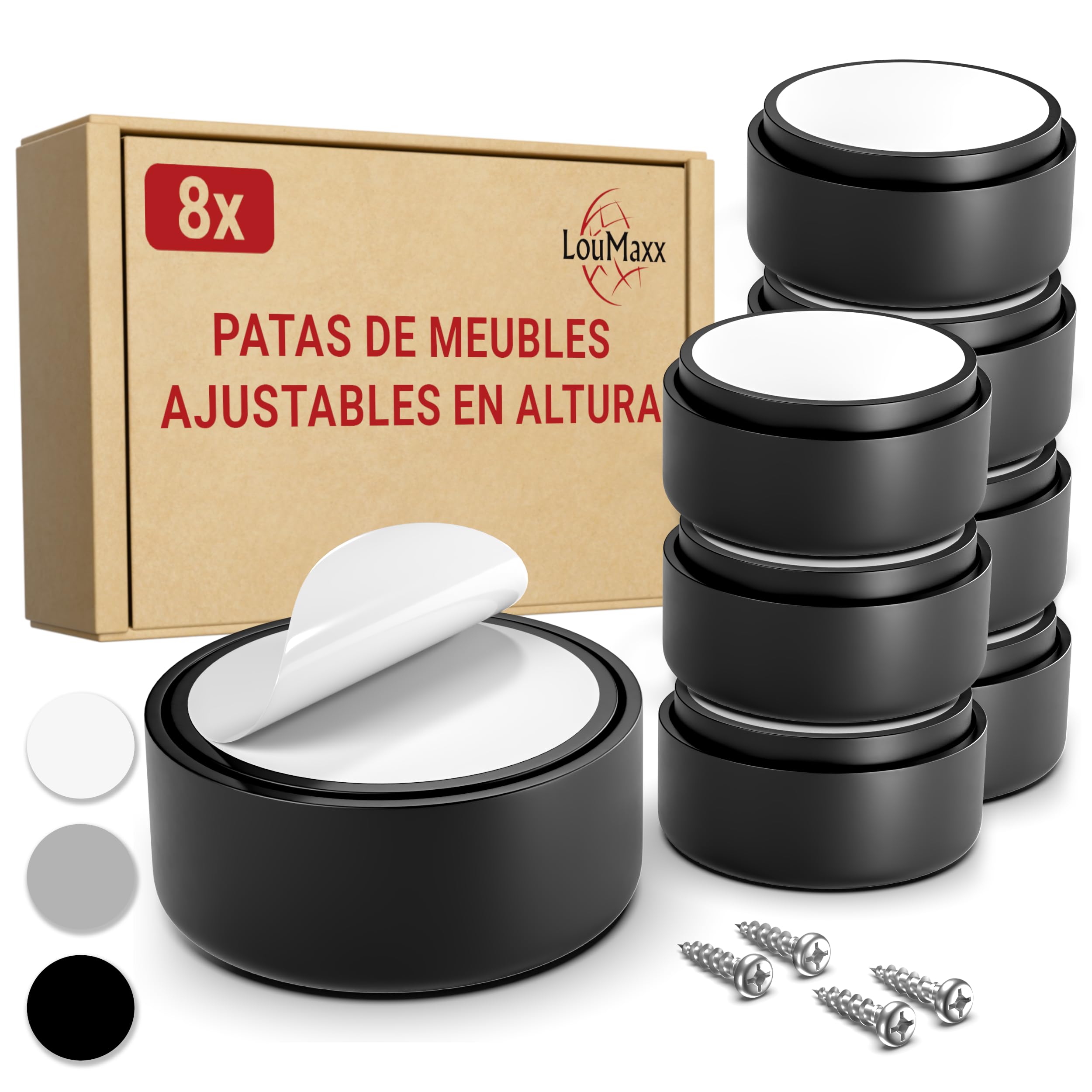 LouMaxx Patas para Muebles Adhesivos – Patas Ajustables Regulables en Altura 10mm – Elevador Mueble Ø 53,5mm Plástico – Set de 8 Patas Elevadoras Negro Incl. Material de Montaje