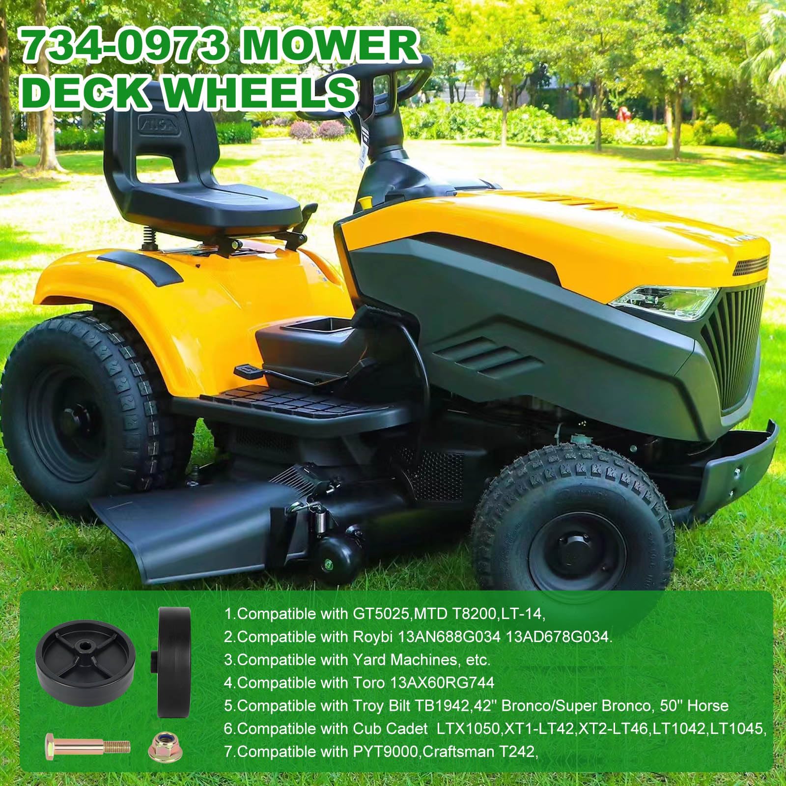 Paquete de 4 kits de rueda y pernos para cortacésped 734-0973 sustituye a la rueda de rodillo de cubierta MTD de 46 pulgadas, 42 pulgadas, 40 pulgadas, 38 pulgadas, Cub Cadet XT1-LT42 XT2-LX46 LTX1045