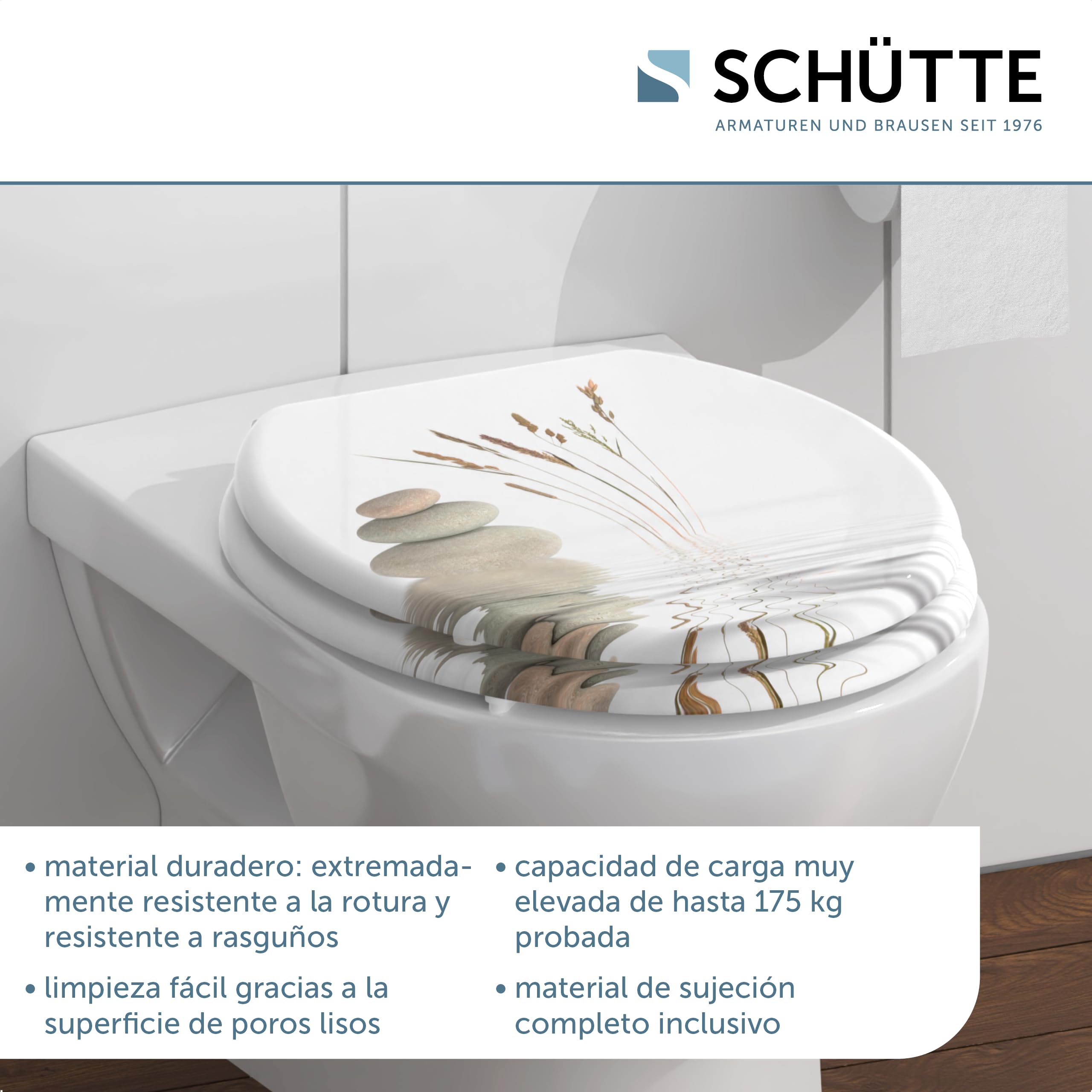 SCHÜTTE 80022 Balance - Asiento de inodoro con núcleo de madera, apto para todos los inodoros habituales, carga máxima de las gafas de inodoro de 150 kg, diseño de piedras en gafas y tapas