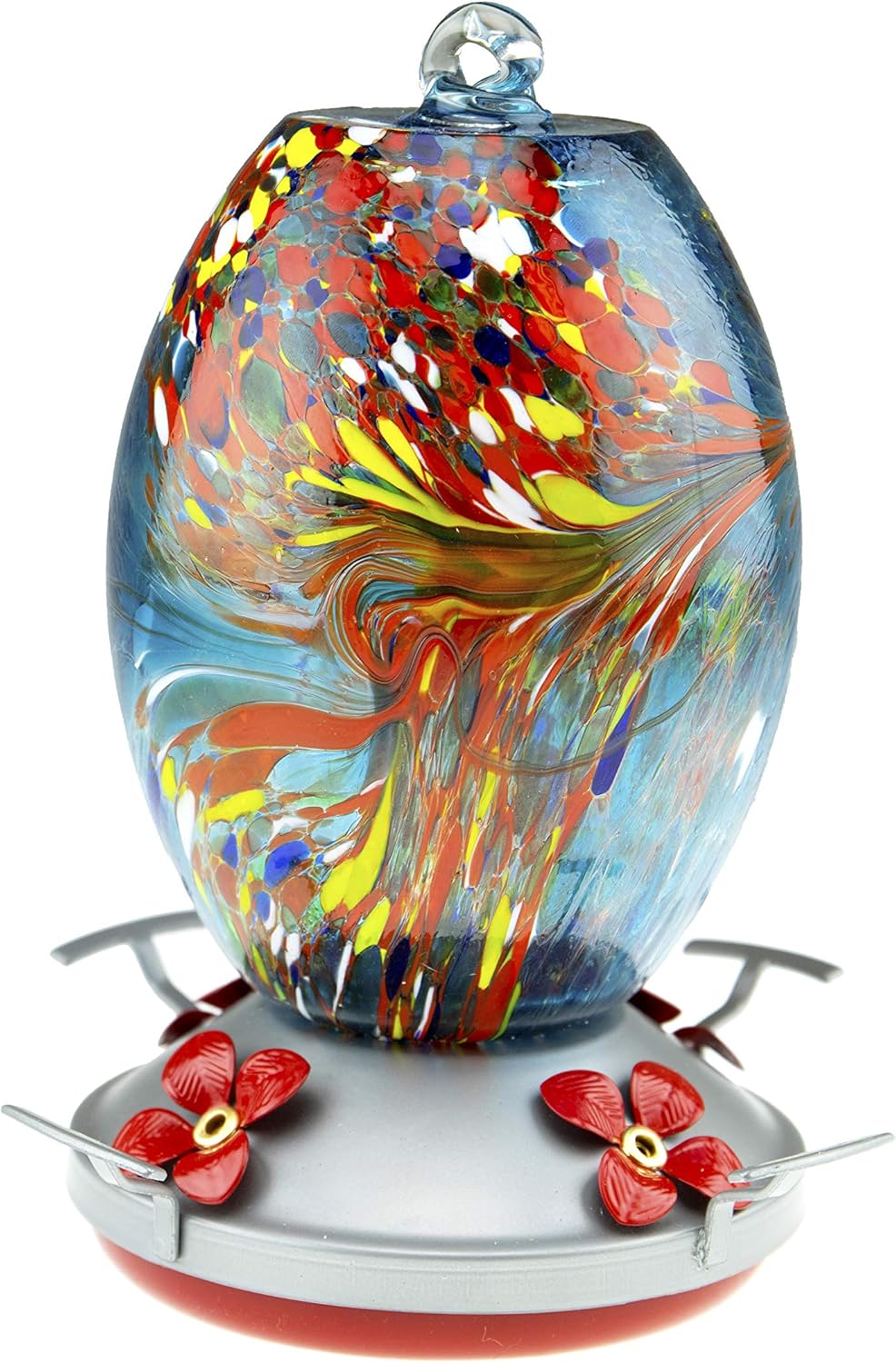 CLEVER GARDEN Hummingbird Feeder with Perch | Hand Blown Flat Glass in Blue | 27 Fluid Ounces Humming Bird Nectar Capacity with Hanging Metal Wires and Ant Moat Hook