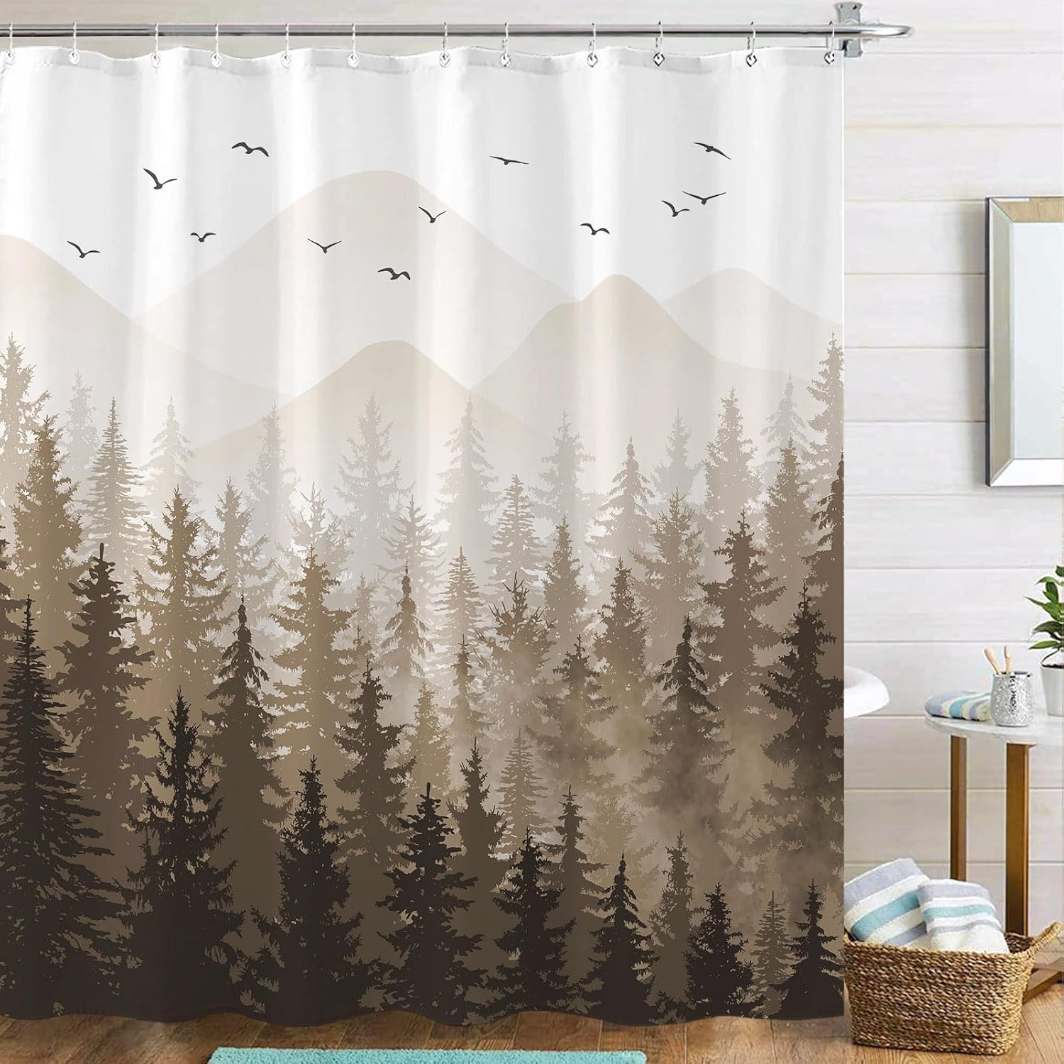 Aipon Green Misty Forest Shower Curtain Nature Tree Shower Curtain Set Dark Green Fabric Waterproof Shower Curtains for Bathroom Decor with 12 Hooks (72'' × 78'', Green4)
