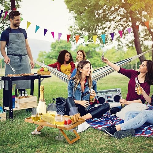 Miniatura 6 de Kingrol Mesa de picnic de vino de bambú con botella de vino, soporte para cuchillos de vidrio y queso, para parque, camping, playa, aperitivos,