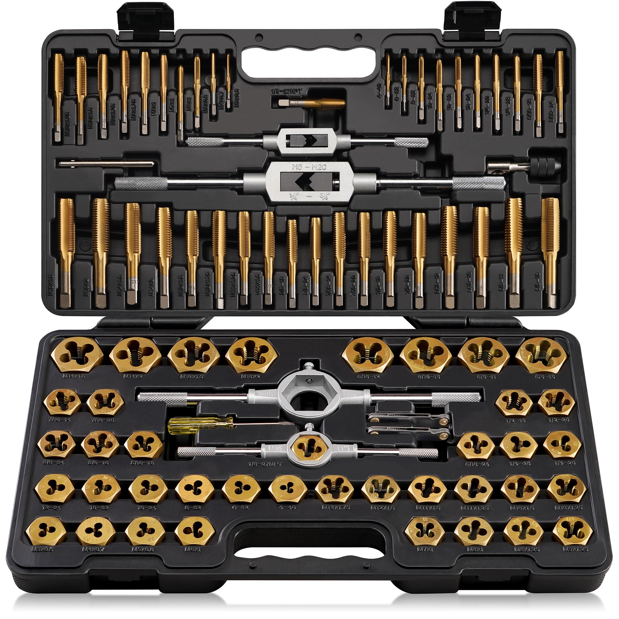 Kolvoii 86-Piece Tap and Die Set, SAE & Metric - Standard Sizes #4 to 5/8 Inch and Metric Sizes M3 to M16, Rethreading Tools for Cutting External and Internal Threads, UNC, UNF, NPT Repair Tools
