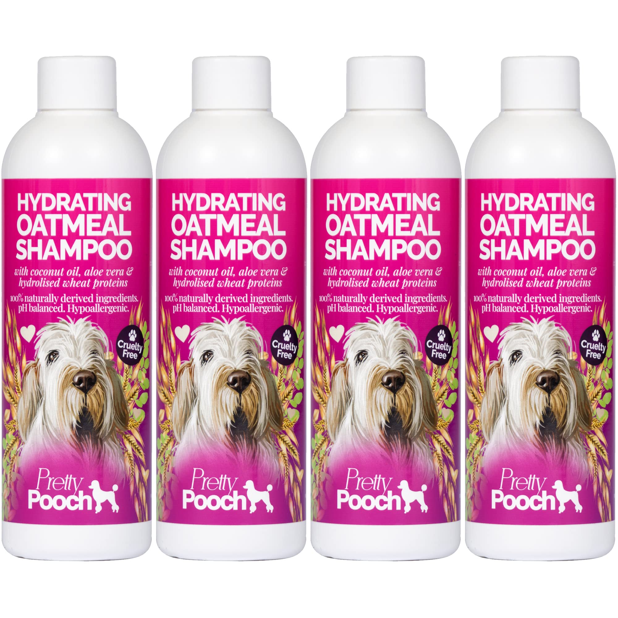 Pretty Pooch Hydrating Oatmeal Shampoo - Moisturises, Cleans & Soothes Sensitive & Dry Skin - For all Breeds and Coat Types - Hypoallergenic, & Fragrance Free (4 x 250ml)