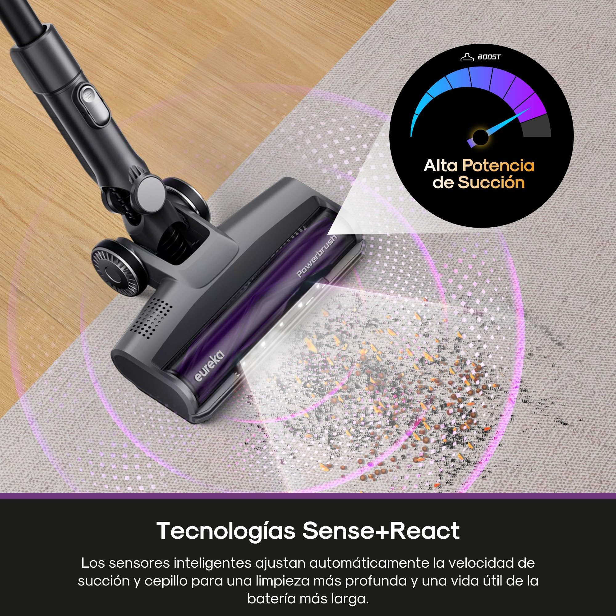 EUREKA ReactiSense 530 Escoba Aspiradora sin Cable 550W 38k Pa Aspirador Escoba Ligero con Tubo Plegable, Portatil y Versátil, 4 funciones en 1, Autonomía 60 min, Iluminación para Suelo Duro, Alfombra