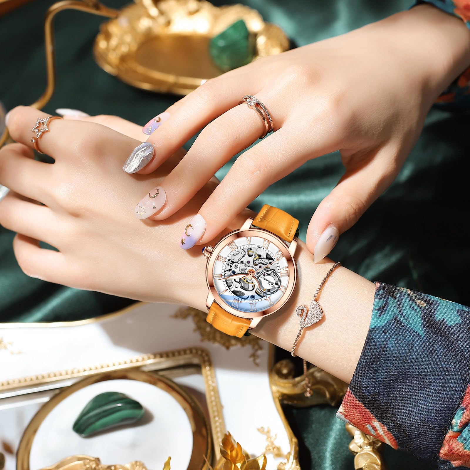 MASTOP Famale, orologio da donna con zaffiro, automatico, steampunk, cinturino in pelle con scheletro dorato, per