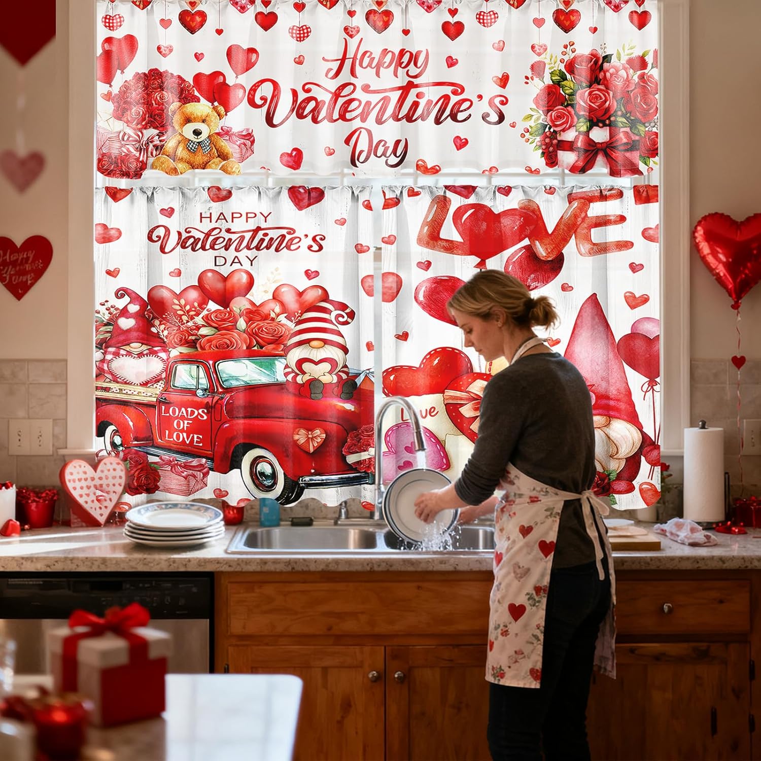 13 Pcs Valentine's Day Kitchen Sets with Kitchen Towels Non Slip Mats Curtains Valance Pot Holders Oven Mitts Red Love Heart Home Decor Accessories Sets for Valentines Cooking Grilling Baking Gift