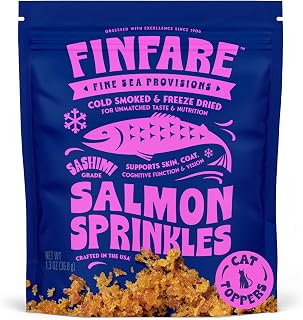 Finfare Freeze Dried Cat Food Toppers, Salmon Sprinkles, Grain Free Meal Toppers for Cats to Support Taste & Nutrition - High Protein & Omega-3s, Crafted in USA, 1.3oz