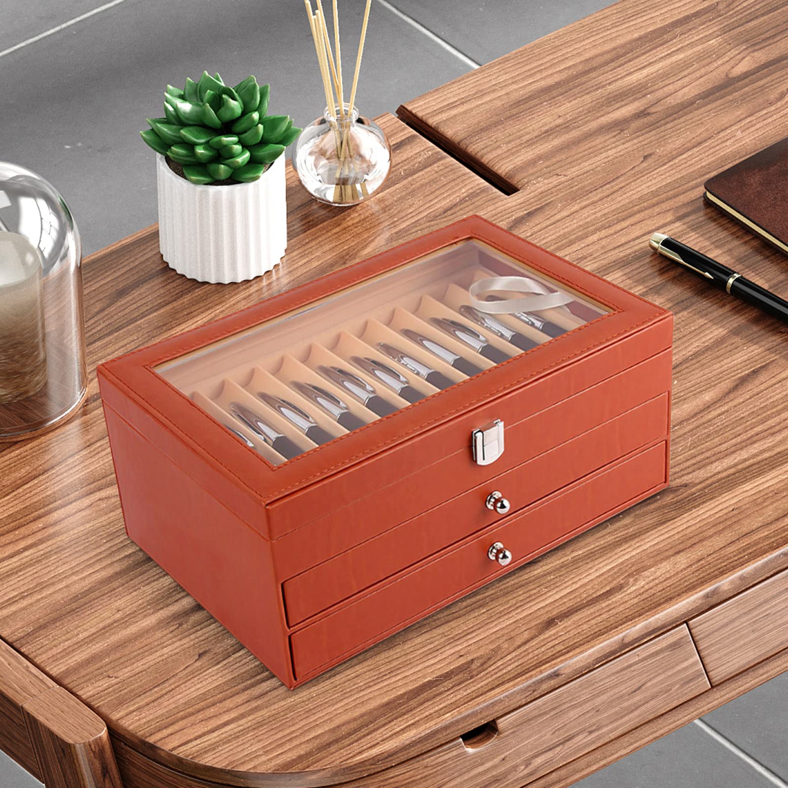 3 Etagen 36 Steckplätze Stift Display Box, Stift Aufbewahrungsbox aus Holz und PU, Rollmäppchen für Stifte, Federmäppchen Leder, für Stiften, Kugelschreibern und Markierstiften, 30.5 x 20 x 13.5cm