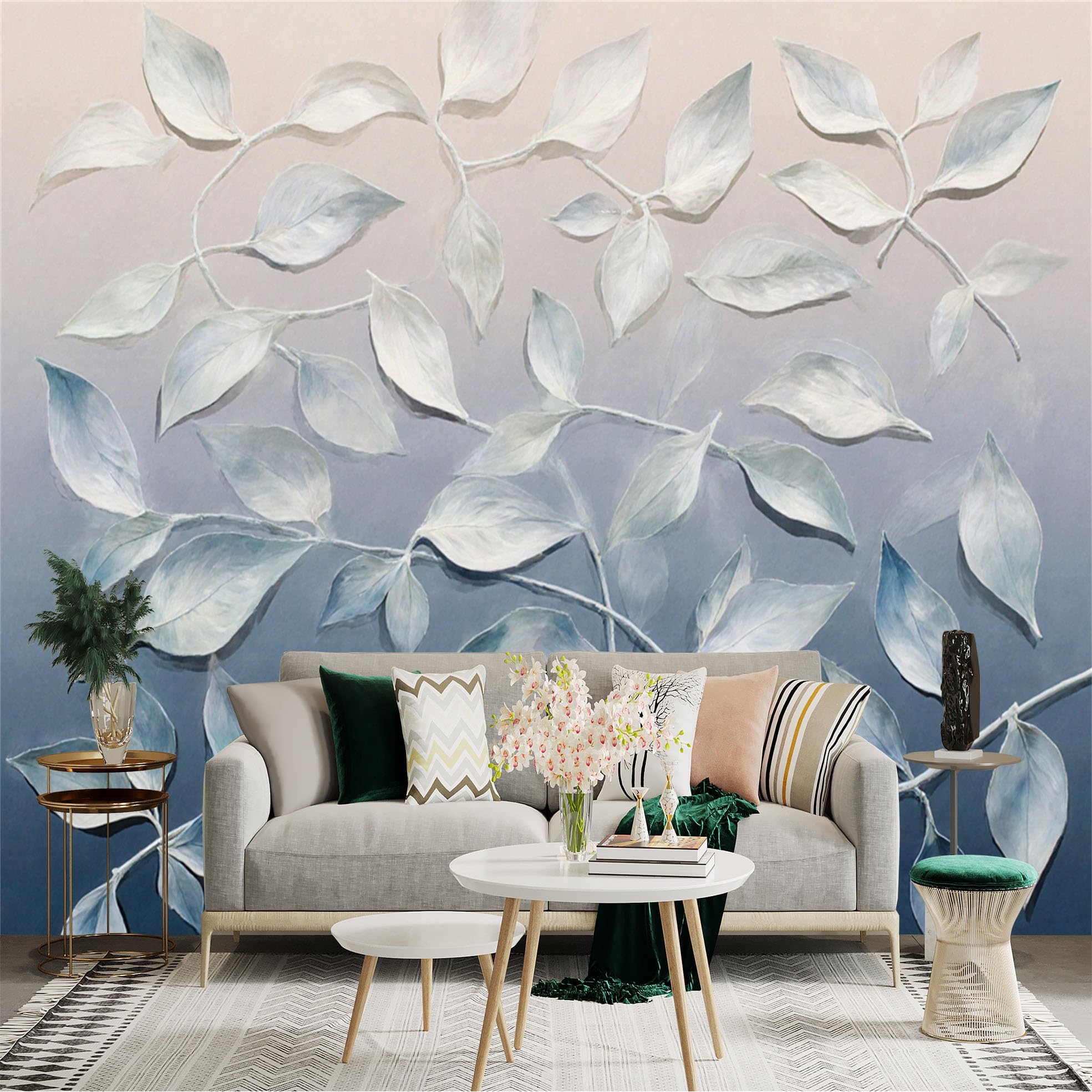 Custom Size Wall Sticker Mural， Modern Minimalist White Leaves， Abstract Botanical Art， Soft Gradient Background， for wall Decoration， peelandstick wall Decals.