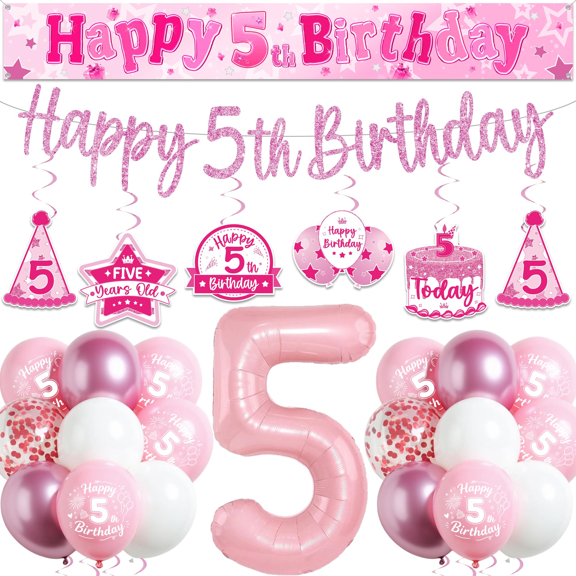 5th Birthday Decorations for Girls, Pink 5 Years Old Party Supplies