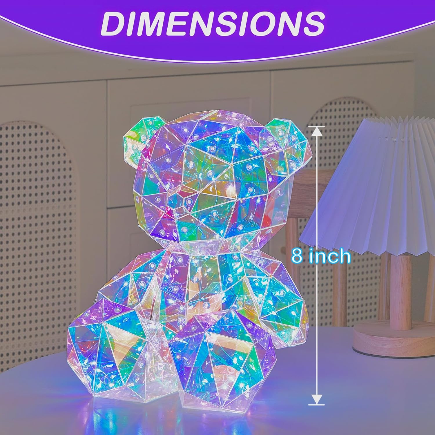 LED Night Light, Holographic Iridescent Diamond Design, Ready to Gift, Lamp Present, Nursery, Decor (Teddy Bear, Small)