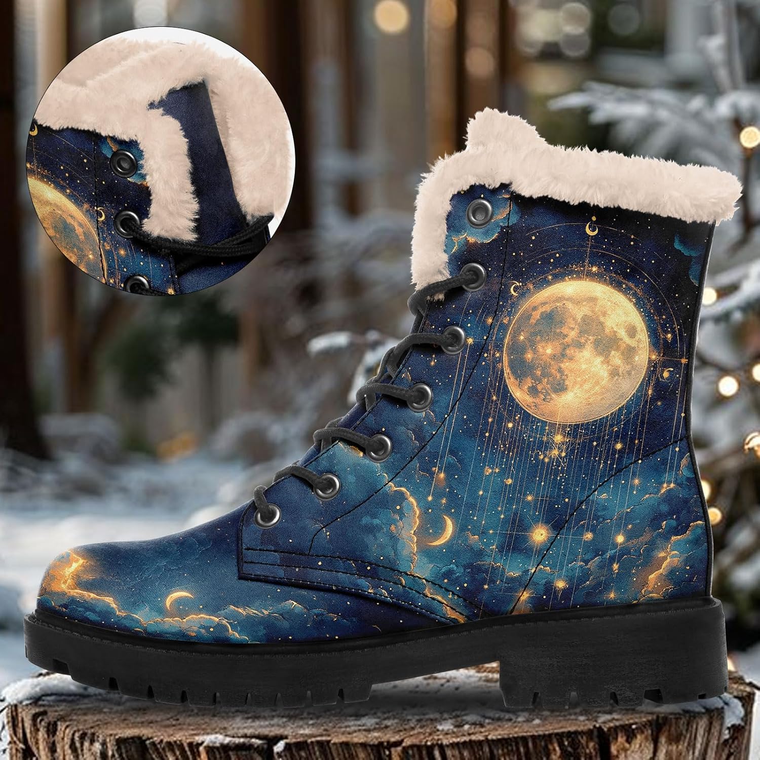 Women's Sun and Moon Winter Boots Celestial Faux Leather Ankle Boots Warm Fur Lining Non-Slip Boho Lace-Up Snow Booties - Image 6