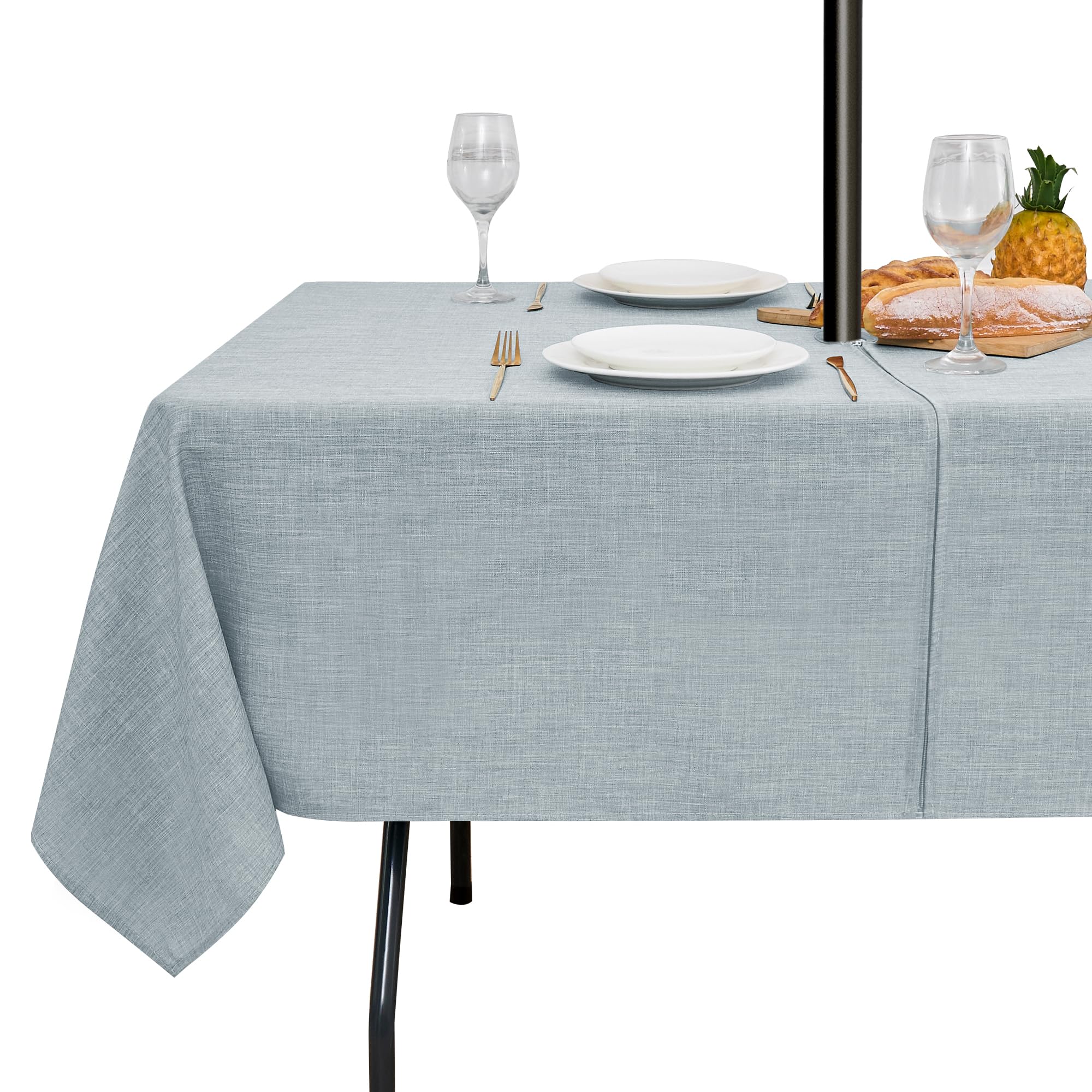 LUSHVIDA Outdoor Tablecloth with Umbrella Hole - Patio Table Cloth Zippered Rectangle 60x120 Inch, Light Gray Faux Linen Table Cover Water Resistant for Picnic Outside