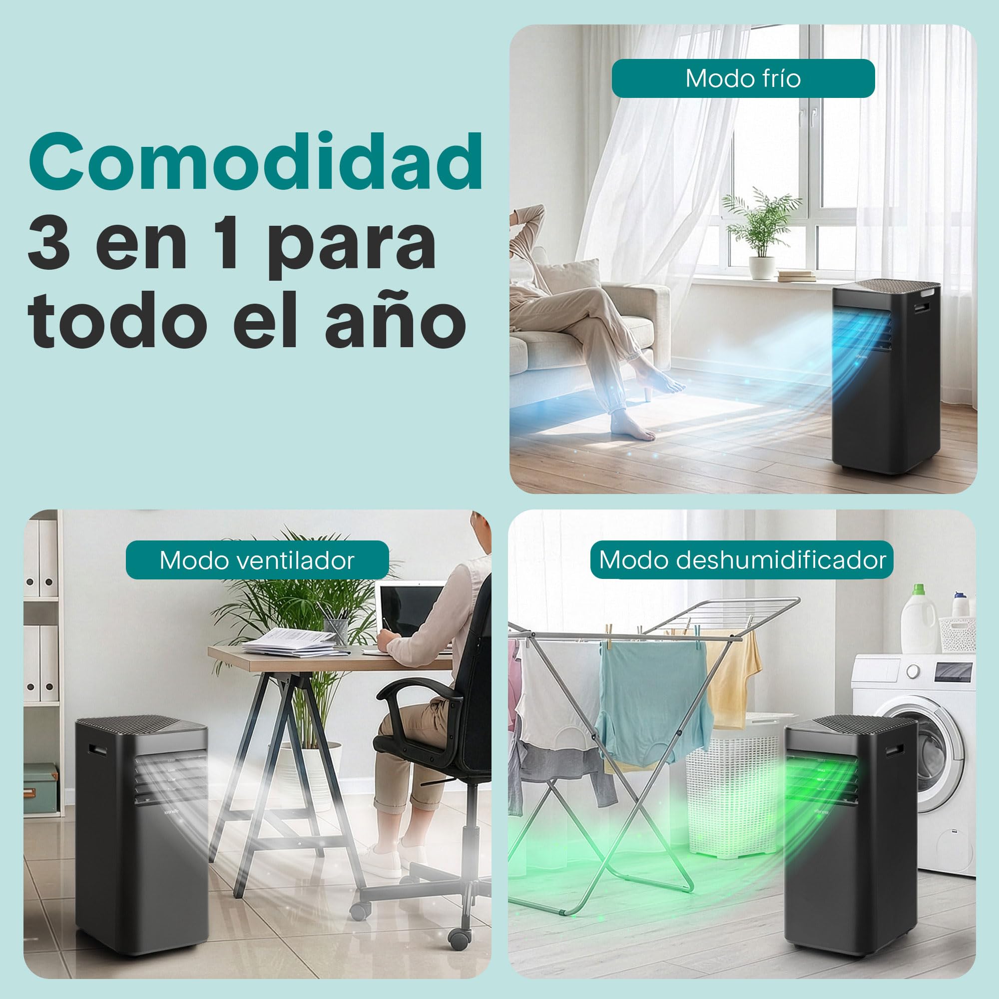 Aire Acondicionado Portátil 7000 BTU (2,05 kW) SereneLife, Climatizador 3 en 1 con Función Frío, Ventilador y Deshumidificador, Compacto con Mando a Distancia y Kit de Ventana
