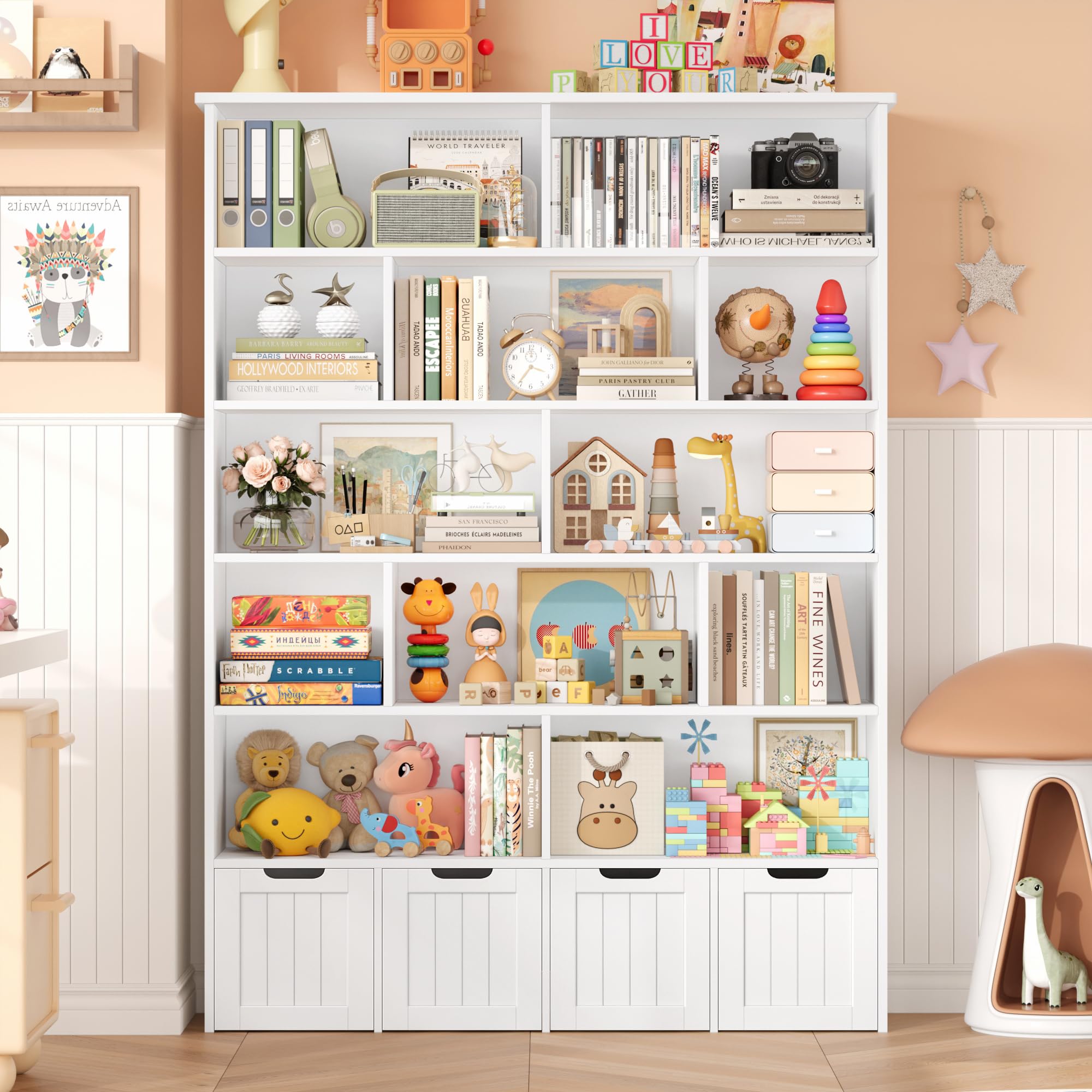 FOREHILL Mueble Organizador Juguetes, Mueble Almacenaje Juguetes, Estanteria Montessori, Organizador de Juguetes Estanteria Infantil, 4 Cajones con Ruedas, 12 Compartimentos, Blanco 125.5x33x175 cm