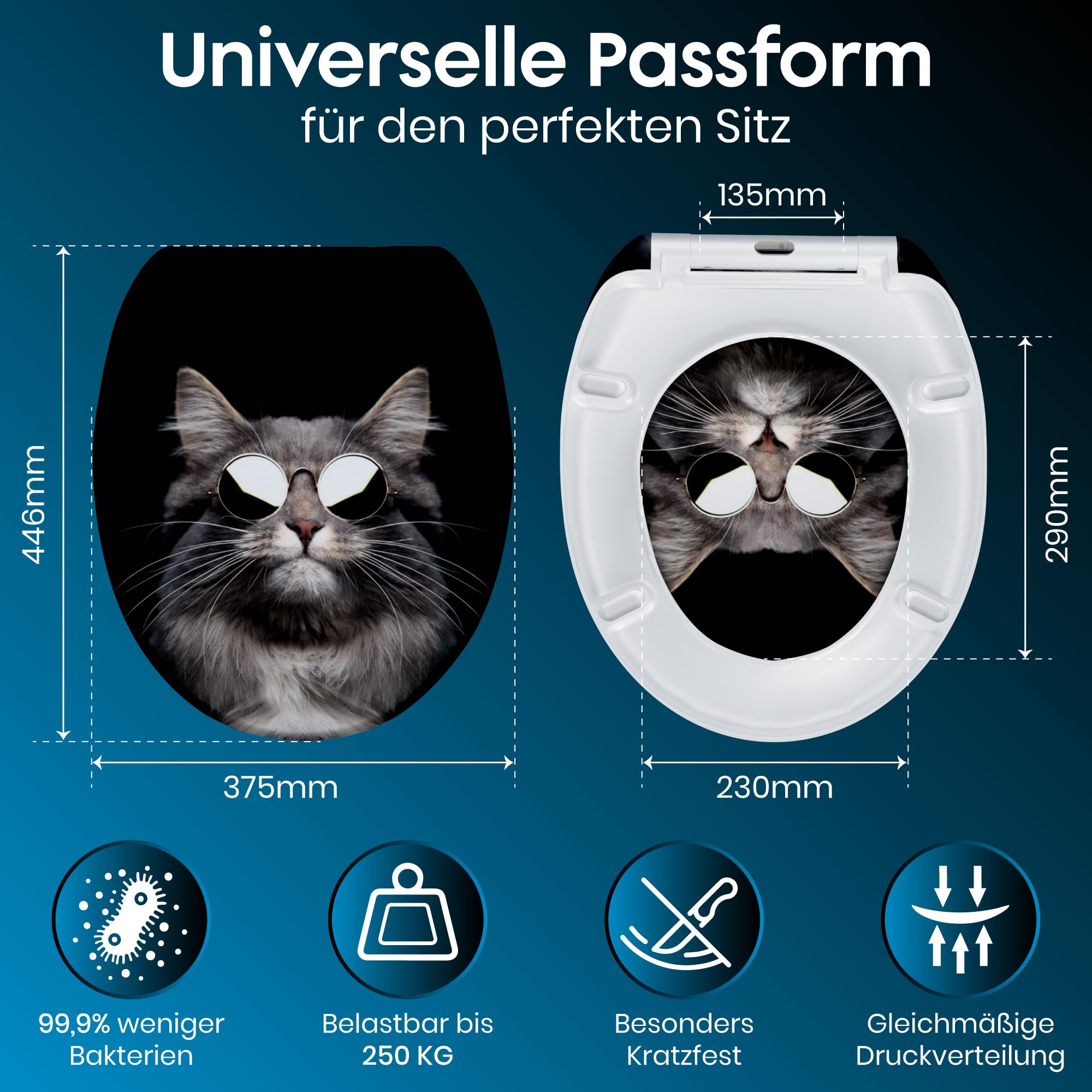 WC Sitz Mit Absenkautomatik -Antibakteriell, Toilettendeckel Mit Absenkautomatik UV-Beständig, Klodeckel Mit Absenkautomatik - Quick-Release Funktion, Inkl. Installationsschablone (Cool Cat)