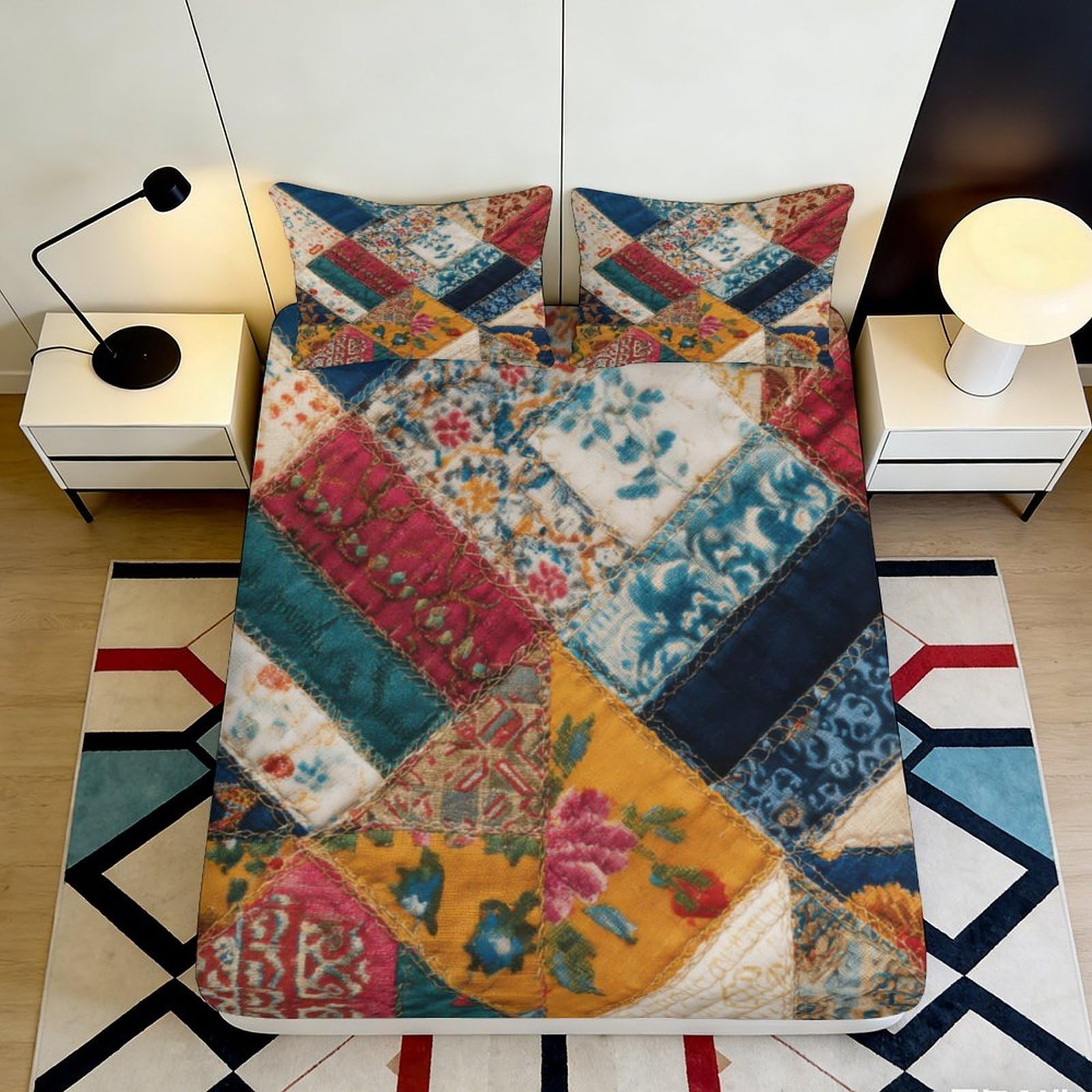 3D Printed Vintage Patchwork Fitted Sheet Microfiber Soft Durable Floral Bed Cover for Bedroom Dormitory Guest Room Mattress Protection 160x200x25cm
