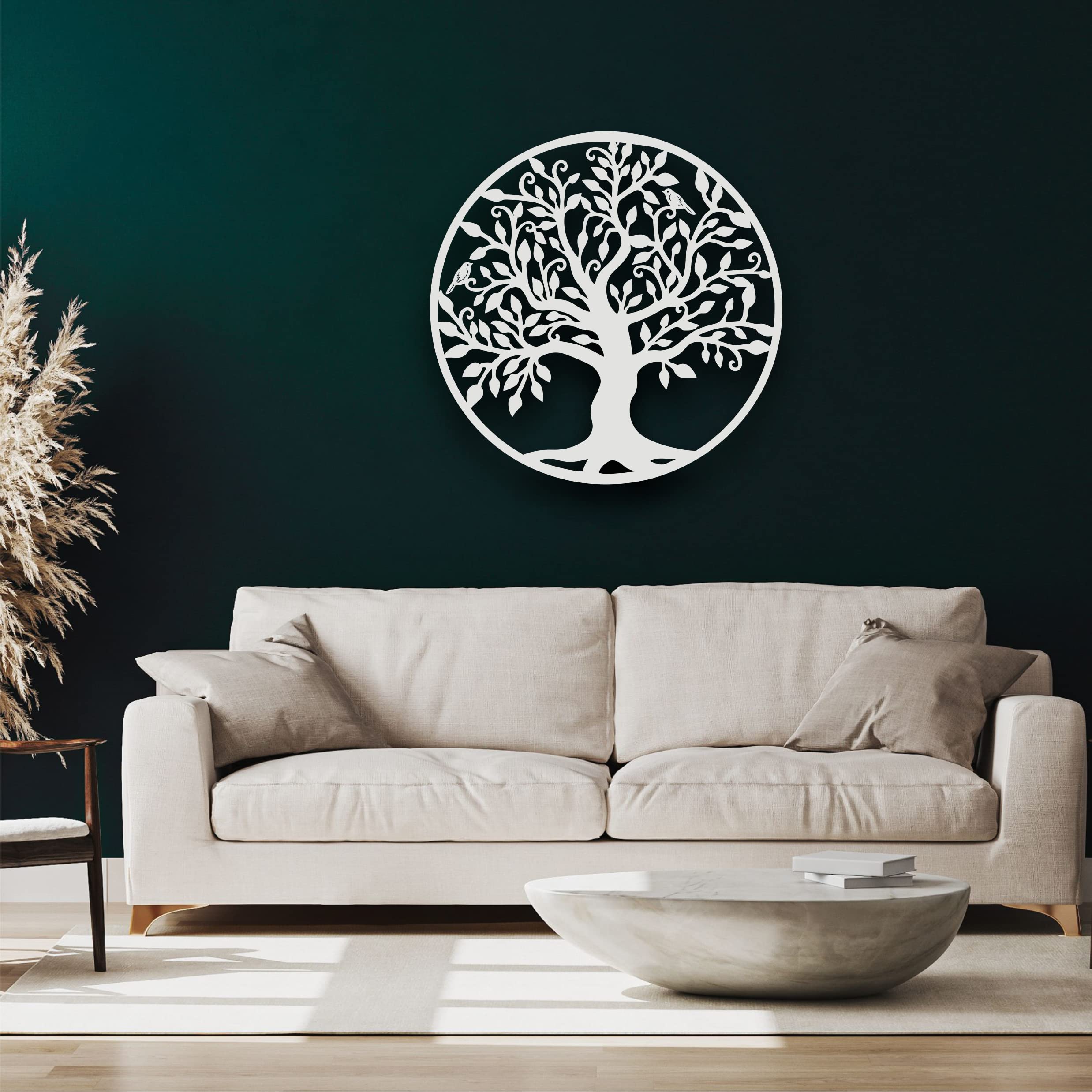 DEKADRON Arte de pared de metal, Arte de pared árbol de la vida, signo de árbol genealógico de metal, blanco (60x60cm)