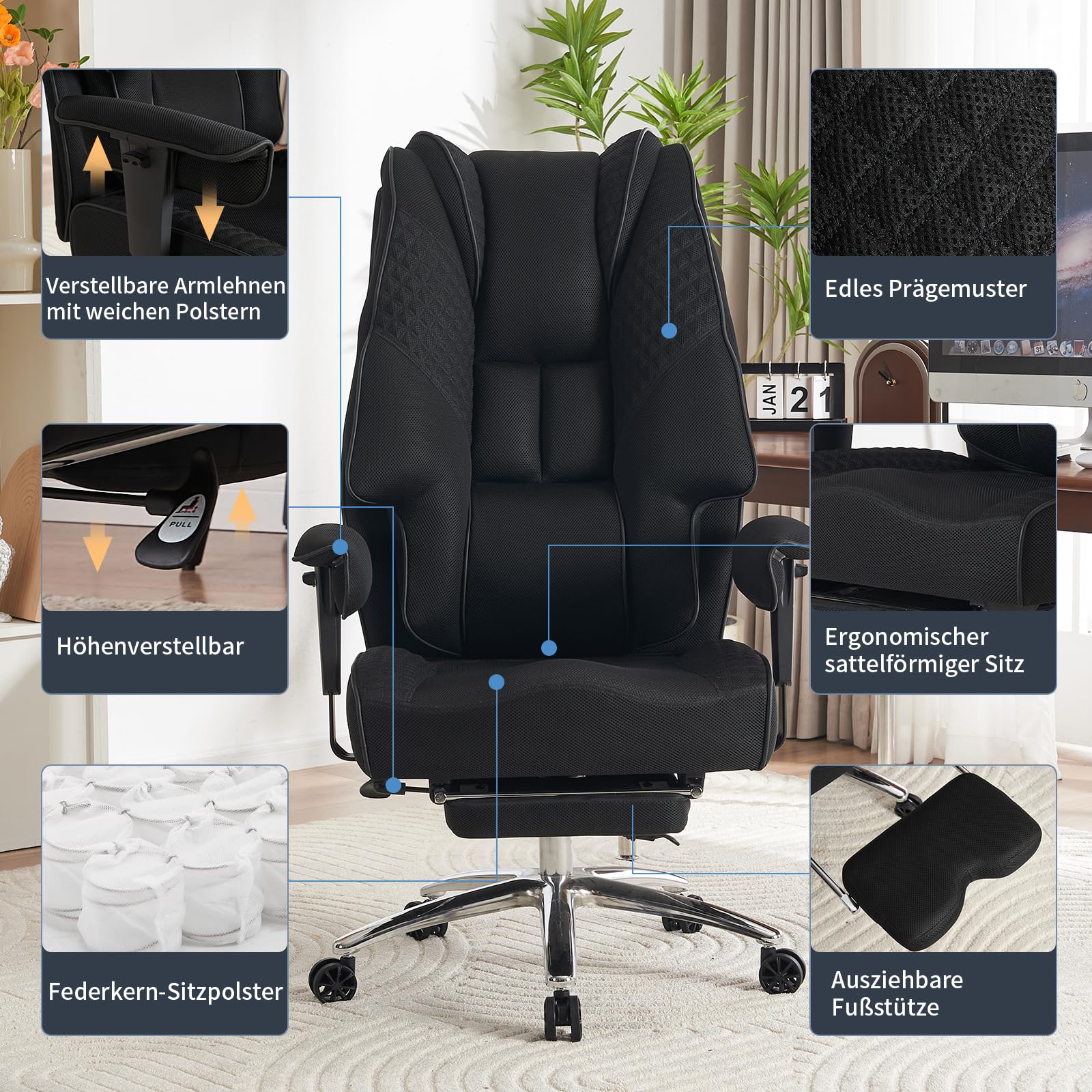 EXCEBET Silla de Oficina Ejecutiva de Malla 180kg - Silla de Escritorio Ergonómica para Personas Grandes con Asiento de 14 cm de Muelles Ensacados, Silla Gamer Transpirable (Malla Negra)