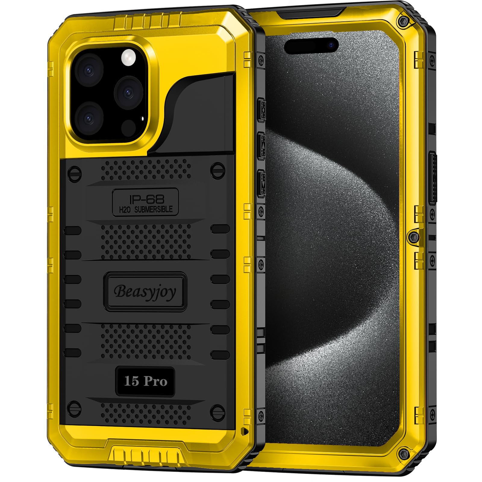 Photo 1 of Beasyjoy Compatible with iPhone 15 Pro Case Waterproof, Metal Heavy Duty Full Body Protective Case with Built in Screen Protector, Military Grade Shockproof Defender Cover for 15 Pro 6.1", Yellow