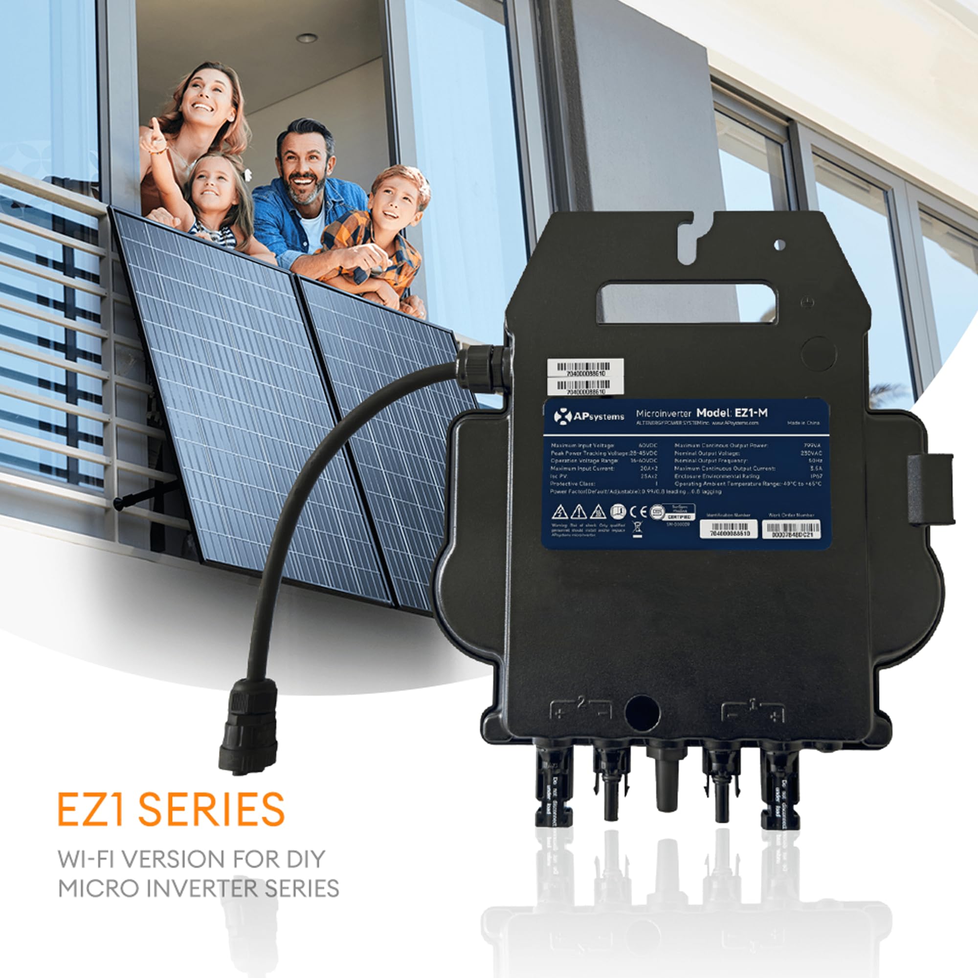 AP Systems Mikro-Wechselrichter 800 W EZ1-M-EU für Balkonkraftwerk, IP67 wetterfest, Plug-&-Play Installation, 2 MPPT, Bluetooth & WiFi, inkl. 5 m Anschlusskabel Micro Inverter