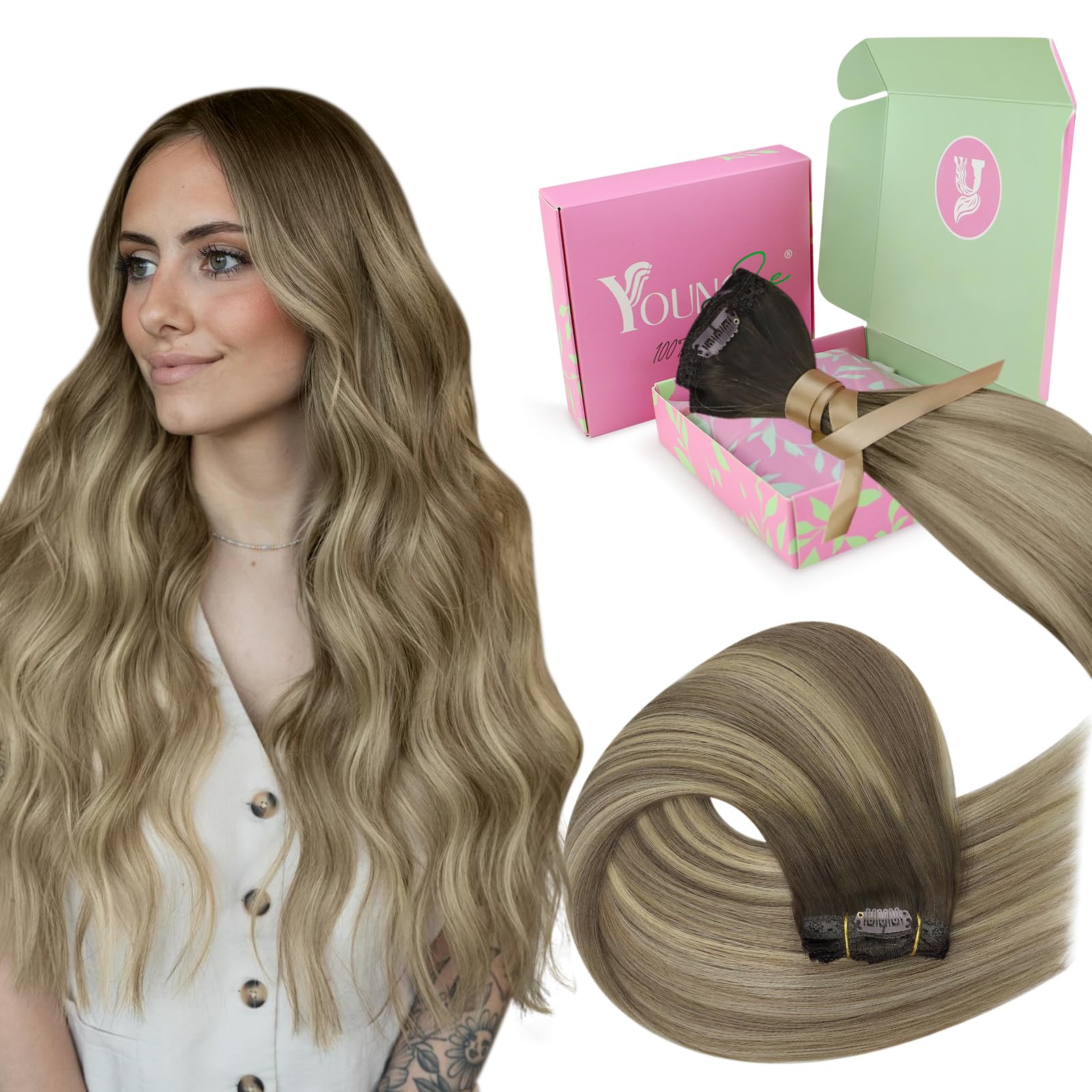 YoungSee Clip in Human Hair Extensions Ombre 18inch 120g Remy Human Hair Clip in Extensions Dark Brown Ombre Light Brown with Blonde Clip in Hair Extensions for Beginner Invisible 7 Separate Pieces