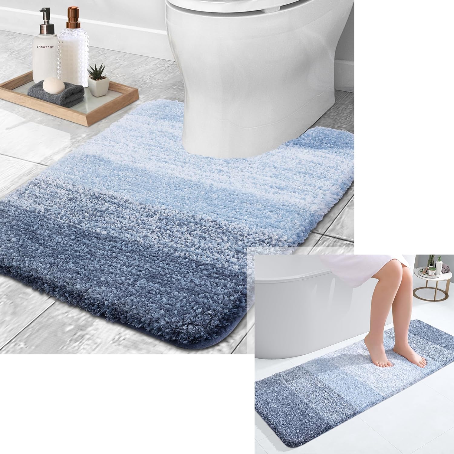 OLANLY Ombre Bath Rug and Toilet Rugs U-Shaped, Bath Rug Size 47x17 and Toilet Rugs Size 24x20 in Blue, 2 Item Bundle