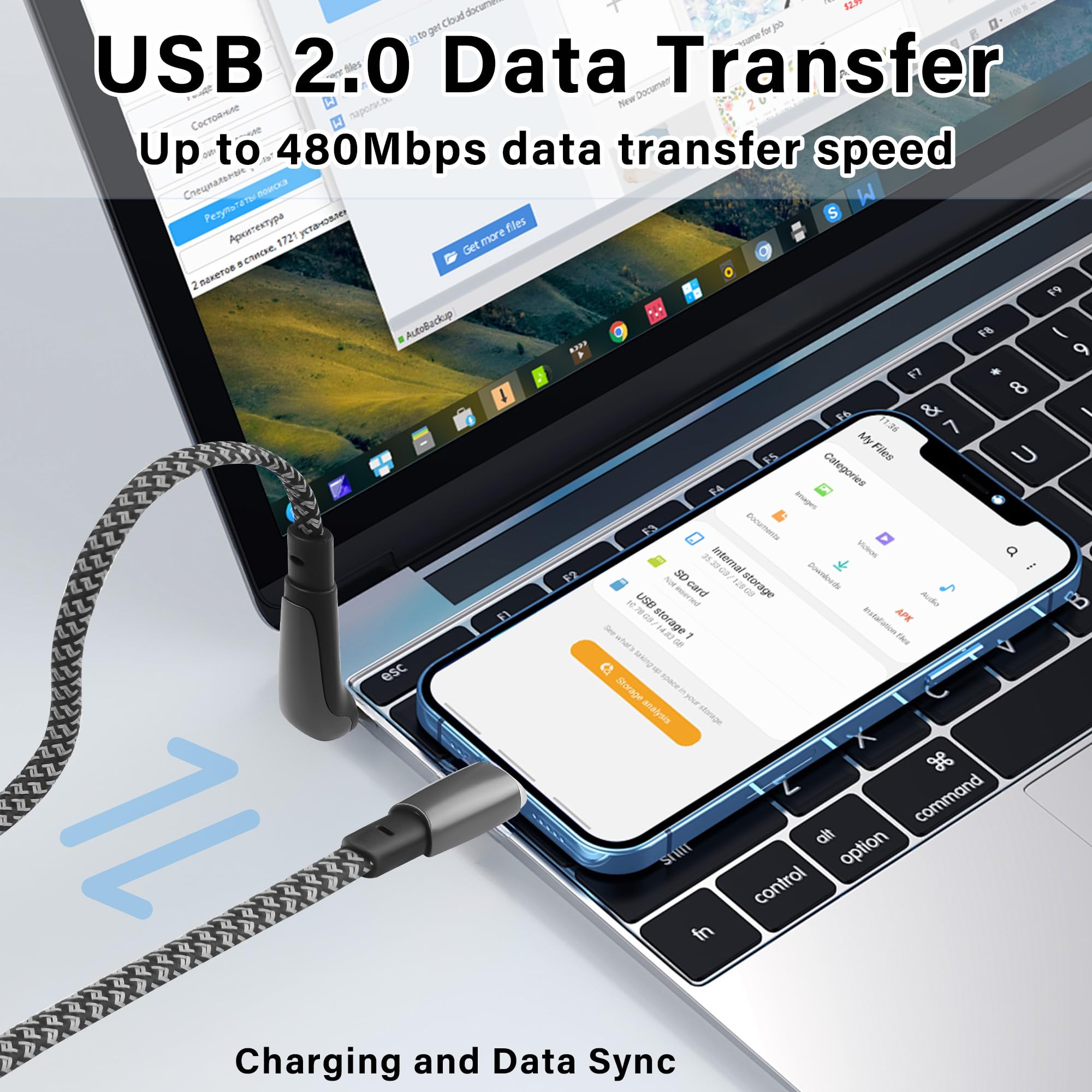 Cavo USB C A C 60W Con Connettore A 90° E LED, In Nylon Intrecciato, Per Ricarica Rapida E Dati, 50cm - 2
