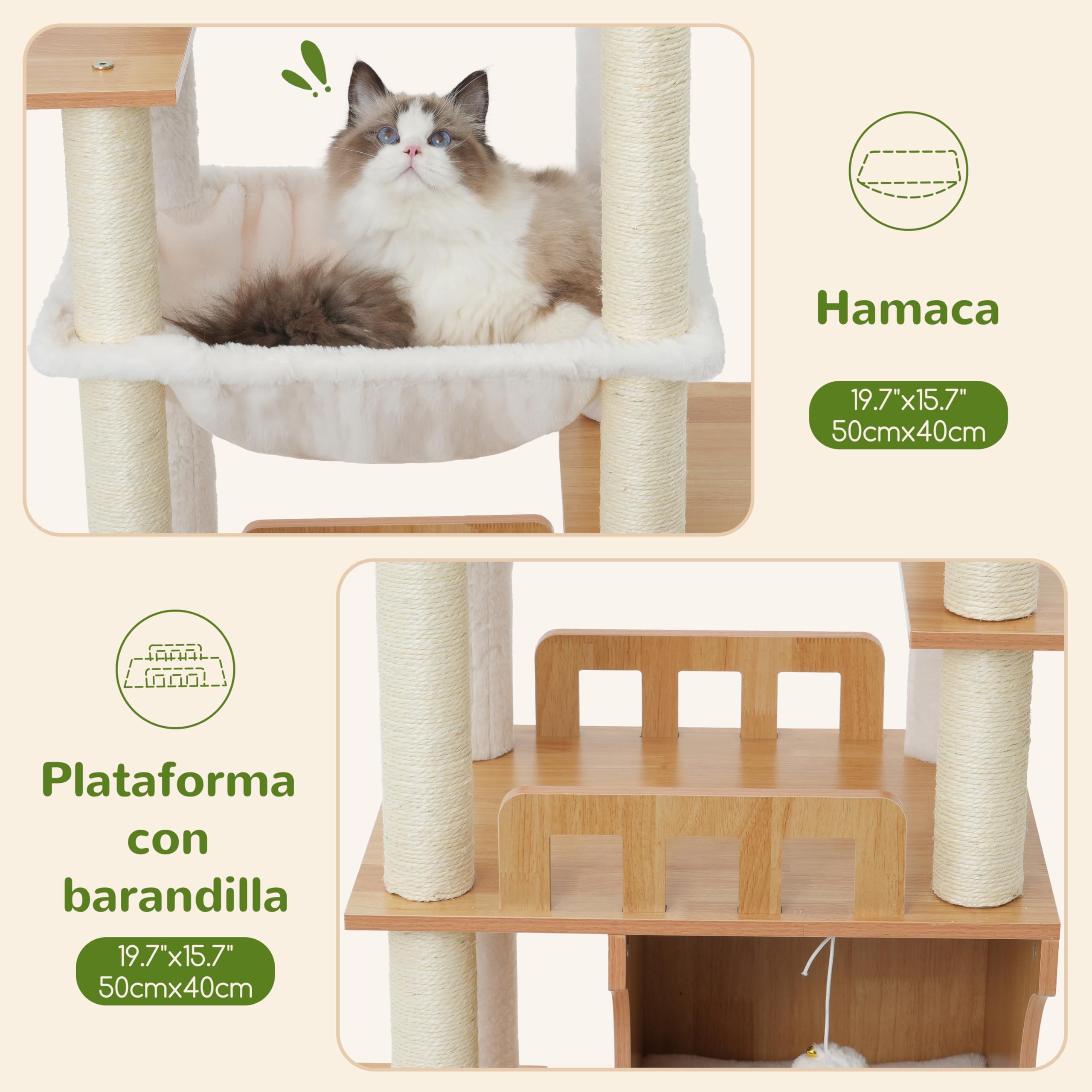 Gitelsnour rascador para Gatos, 180 cm Árbol para Gatos de Madera Grande, Mueble Moderno para Gatos con Cuevas de Madera Doble, 2 Plataformas, Hamaca y Postes rascadores, Nogal GCT102WB