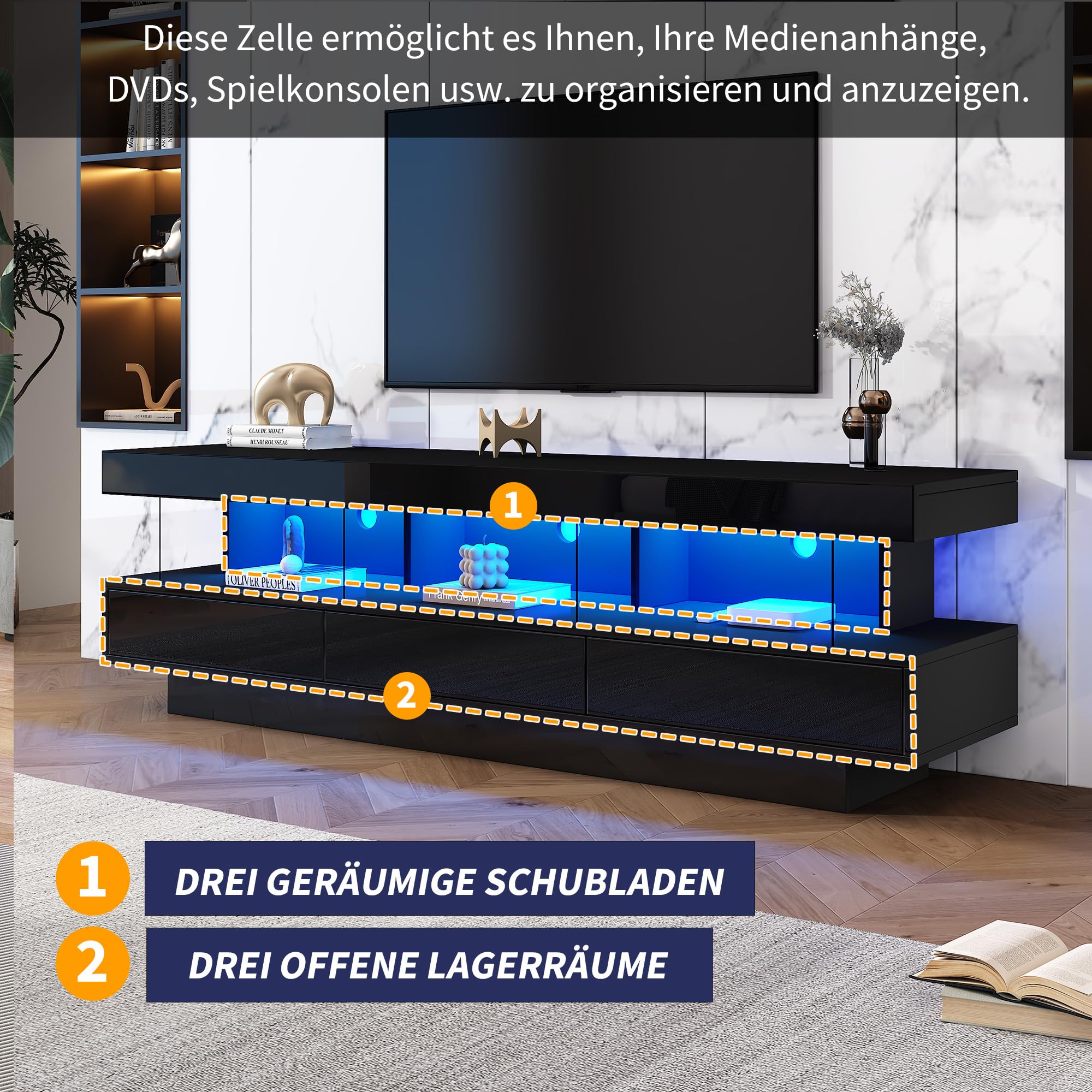 YATINEY TV-Schrank Für Bis 55 Zoll - Mit LED-Beleuchtung & Ladestation