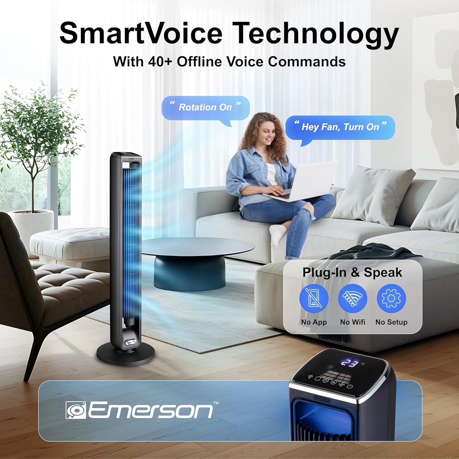 Emerson SmartVoice 42” Bladeless Tower Fan, Offline 40+ Voice Control Commands, No APP, No WIFI, No Setup, 70° Oscillating, 3 Speeds, 15-Hr Timer, Sleep Mode, Remote Control (SmartVoice 42" Tower Fan) 3 81Bg 5gfSQL. AC SL1500