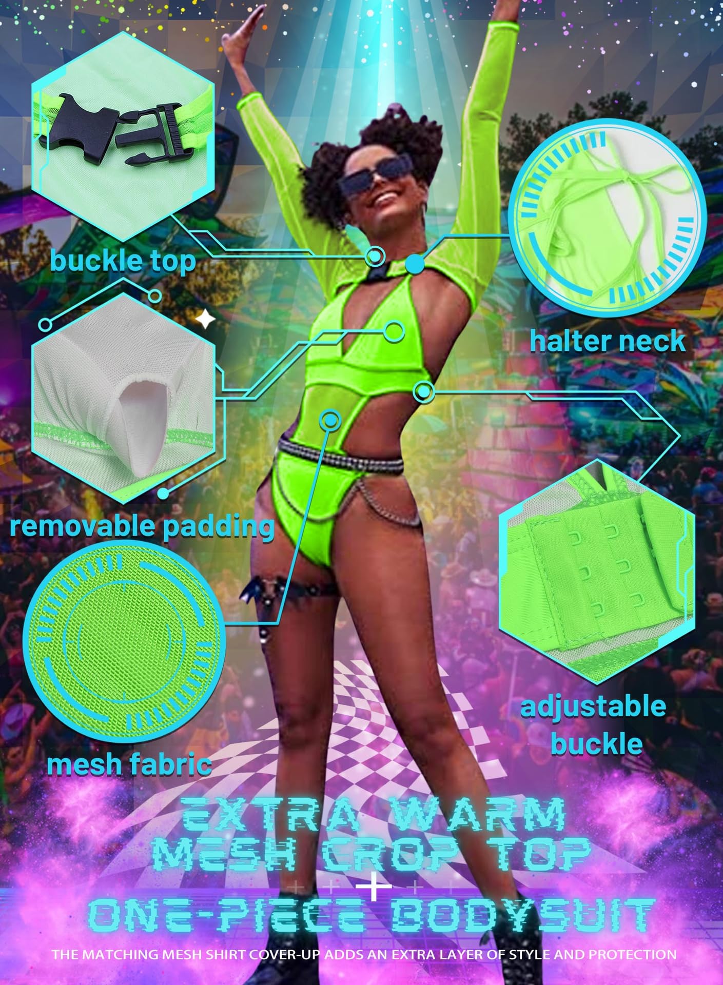 Rave Outfits for Womens - EDC Festival Neon Bodysuit Long Swimsuits Mesh Buckle Shrug Crop Top Club Party 2 Pcs Set(Green,M,1017e)