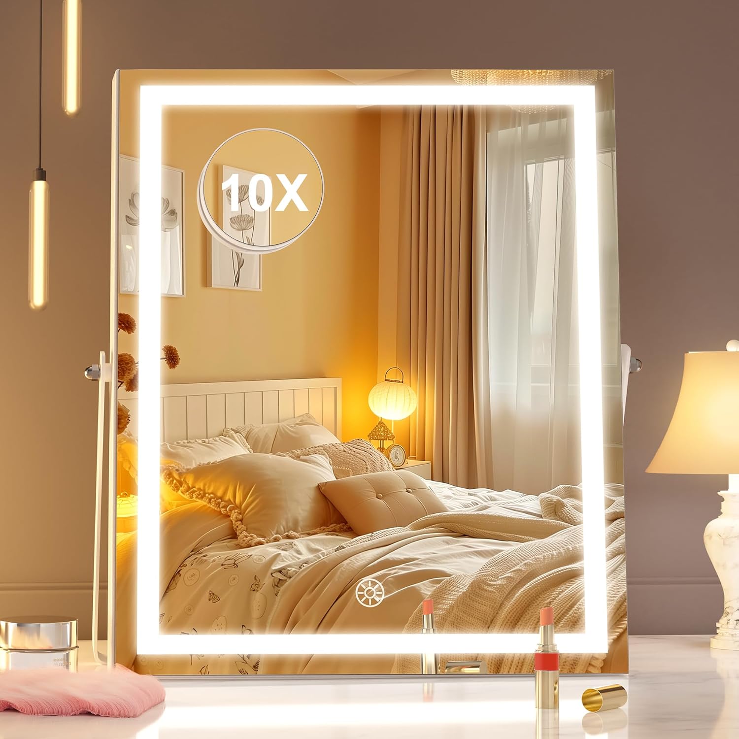 Hasipu Vanity Mirror with Lights, 11.4" x 13.8" LED Makeup Mirror with 10X Magnification, Smart Touch 3 Colors Dimmable, Brightness Adjustment, 360° Rotation, White Square White 11.4"L x 13.8"W