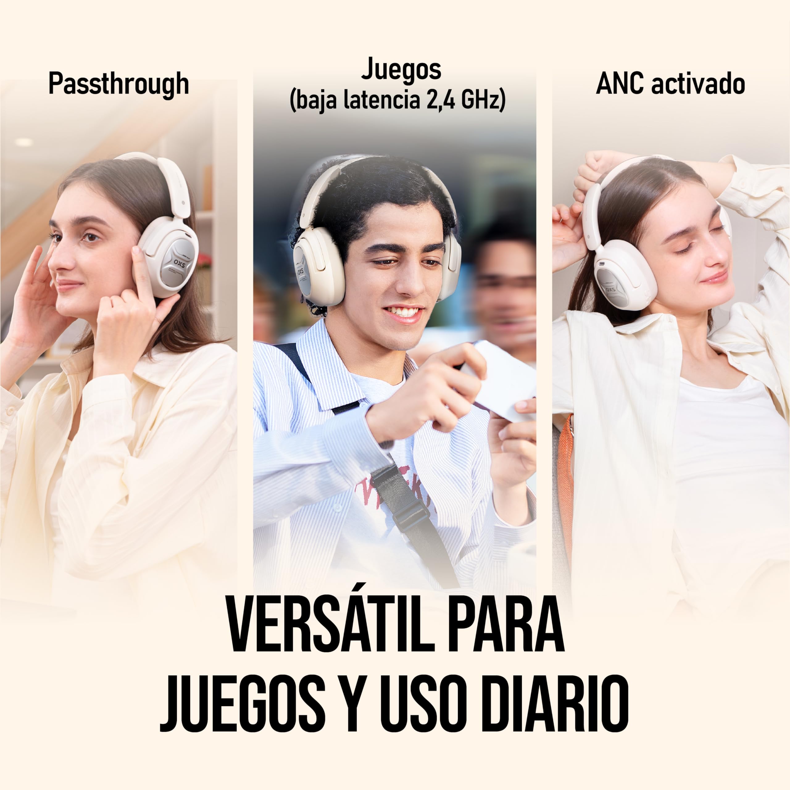 OXS Storm A2 Auriculares Inalámbricos para Juegos, Cancelación Activa de Ruido, Bluetooth 5.4 & Baja Latencia 2,4 GHz, Modos EQ Duales, 70 Horas de Batería, para PC, PS4, PS5, Switch y Móvil, Blanco