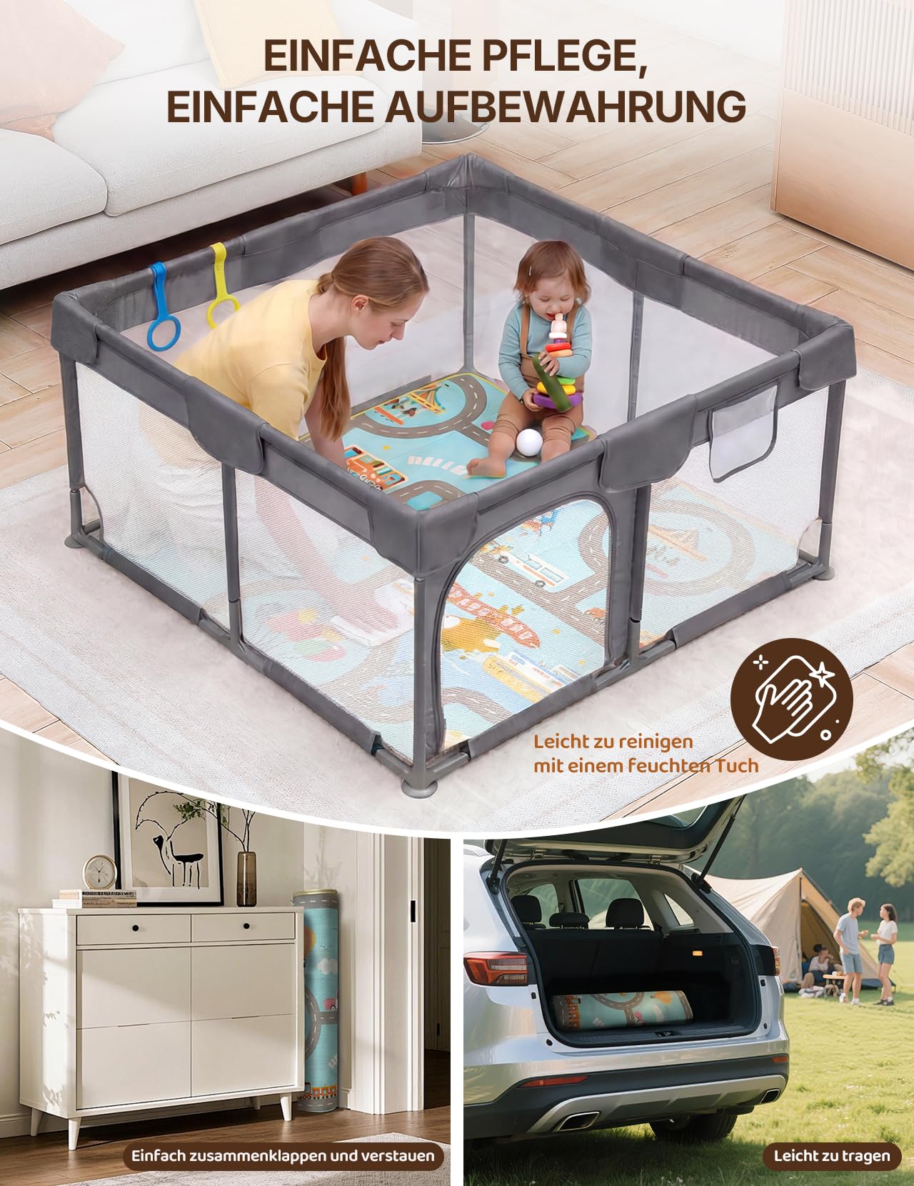 Dripex Box per Bambini Recinto Neonato - Small - Antracite | 124 x 124 cm box per bambini con tappetino, tessuto Oxford 210D, 2 anelli da gioco, palline a tema oceano.