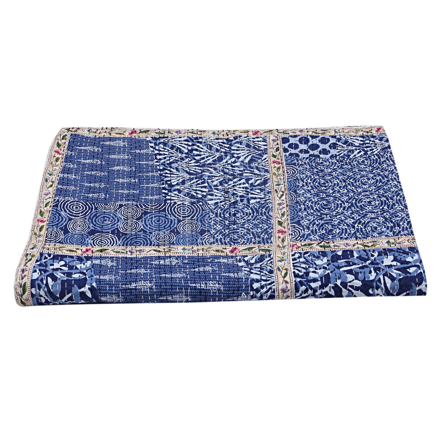 Kantha Couvre-lit indien décoratif fait à la main en pur coton traditionnel