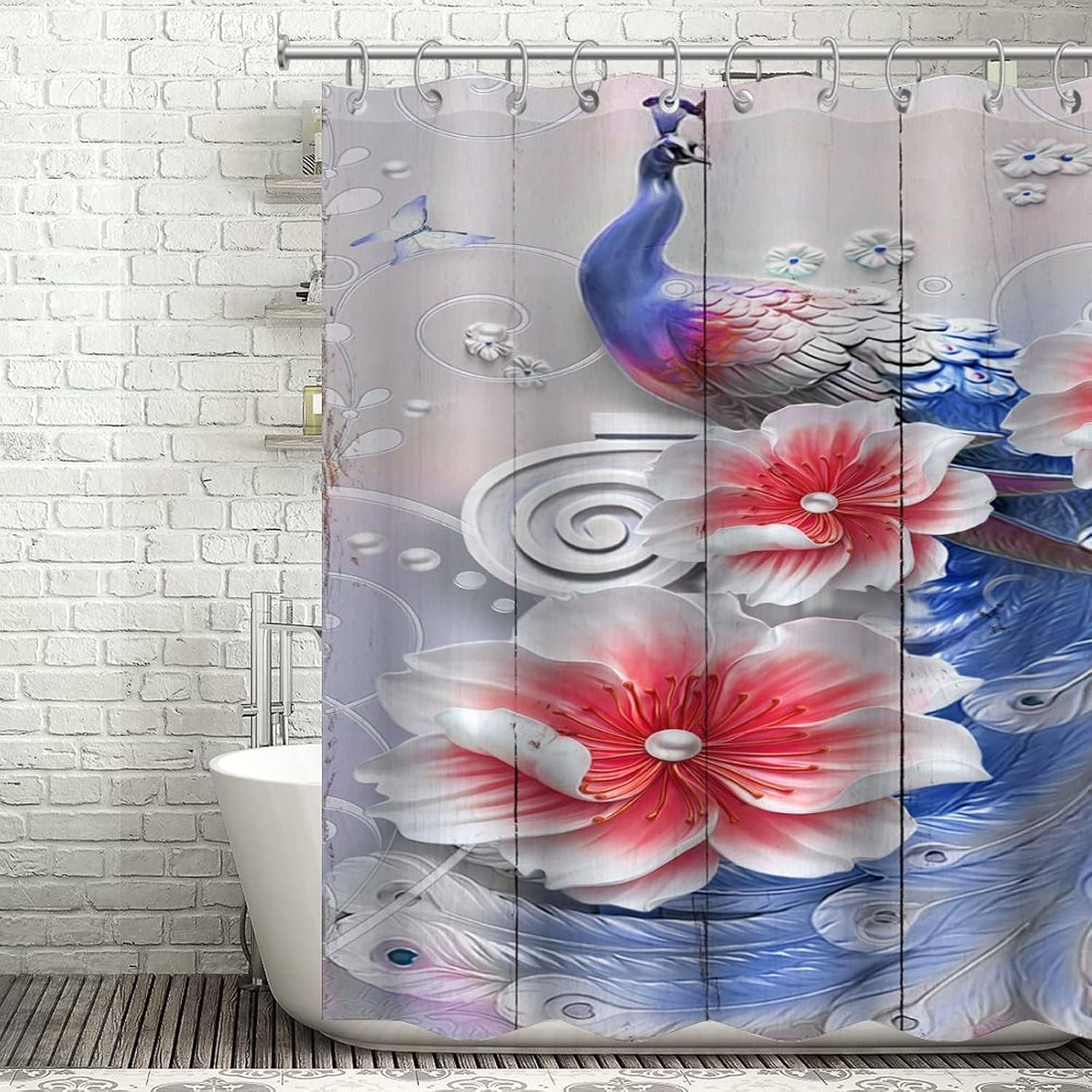 Rustic Shower Curtain, Boho Chic Peacock Feather and Roses, Watercolor Polyester Fabric Bathroom Decor Set with Hooks, 72x72 Inch
