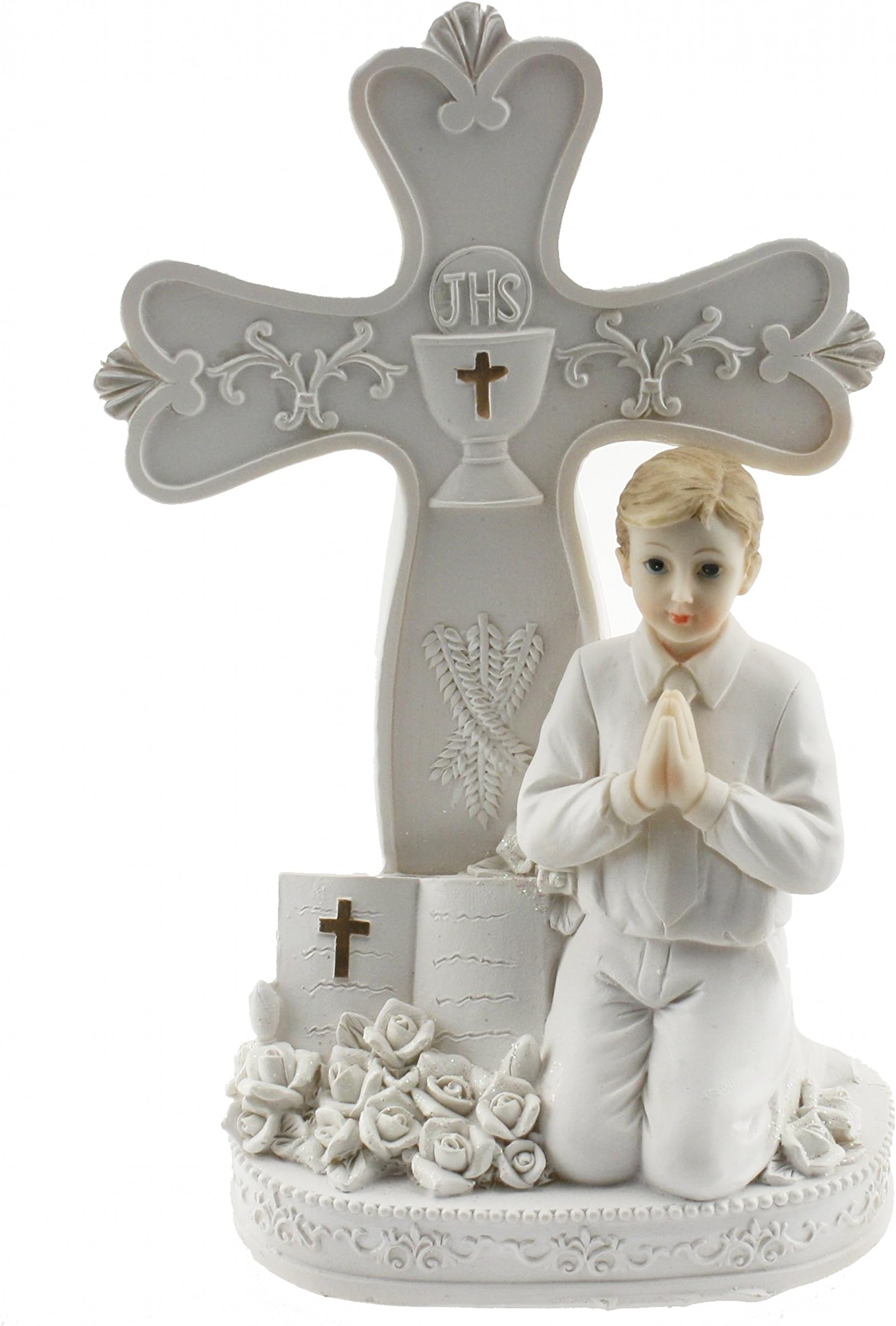 Praying Communion Boy By a Cross 8" Tall All in White Poly Resin
