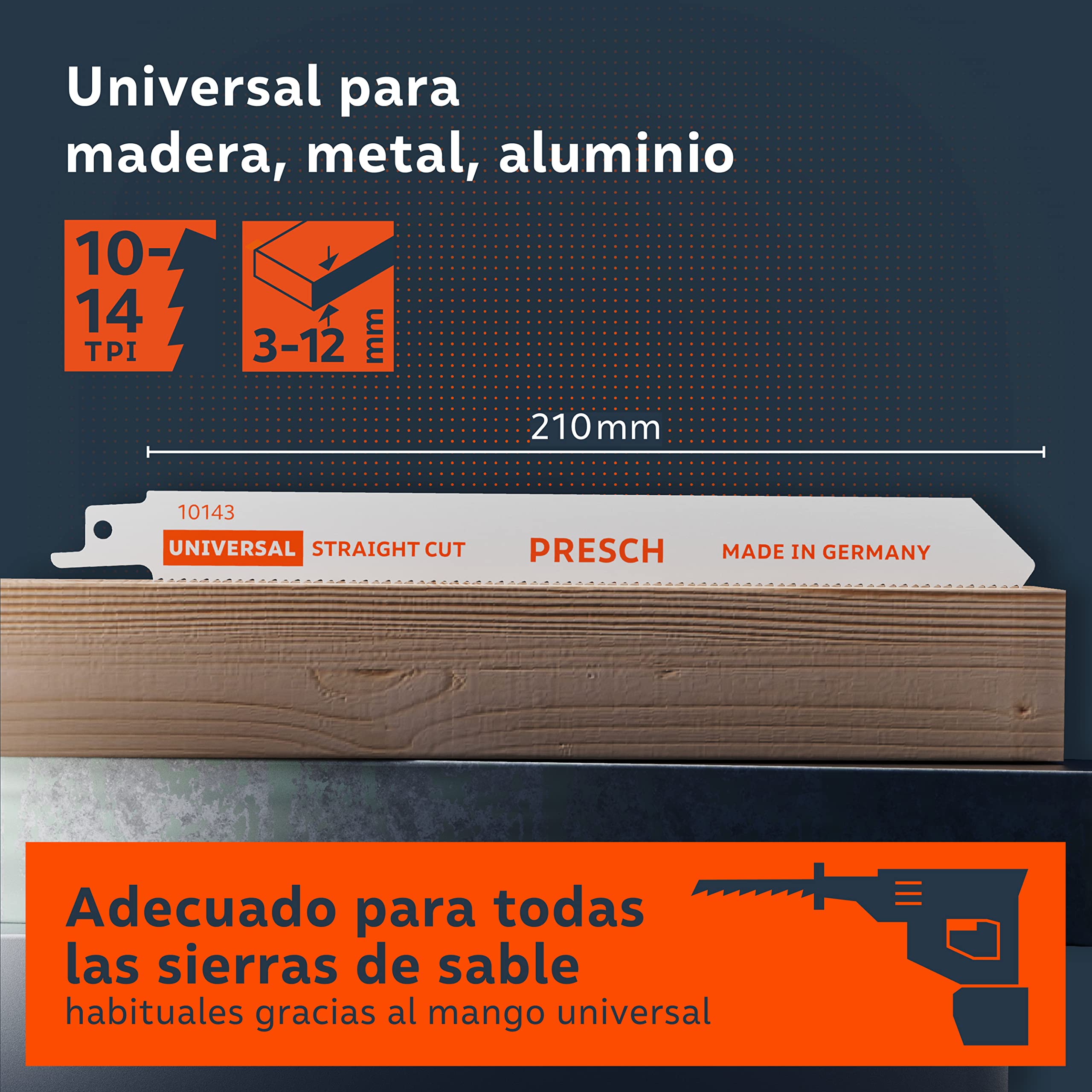 Presch Hojas sierra sable universal madera y acero inoxidable 210mm 10 piezas - 8% Hojas de sierra de cobalto para metal duro y madera - Juego de hojas de sierra de sable incl. caja