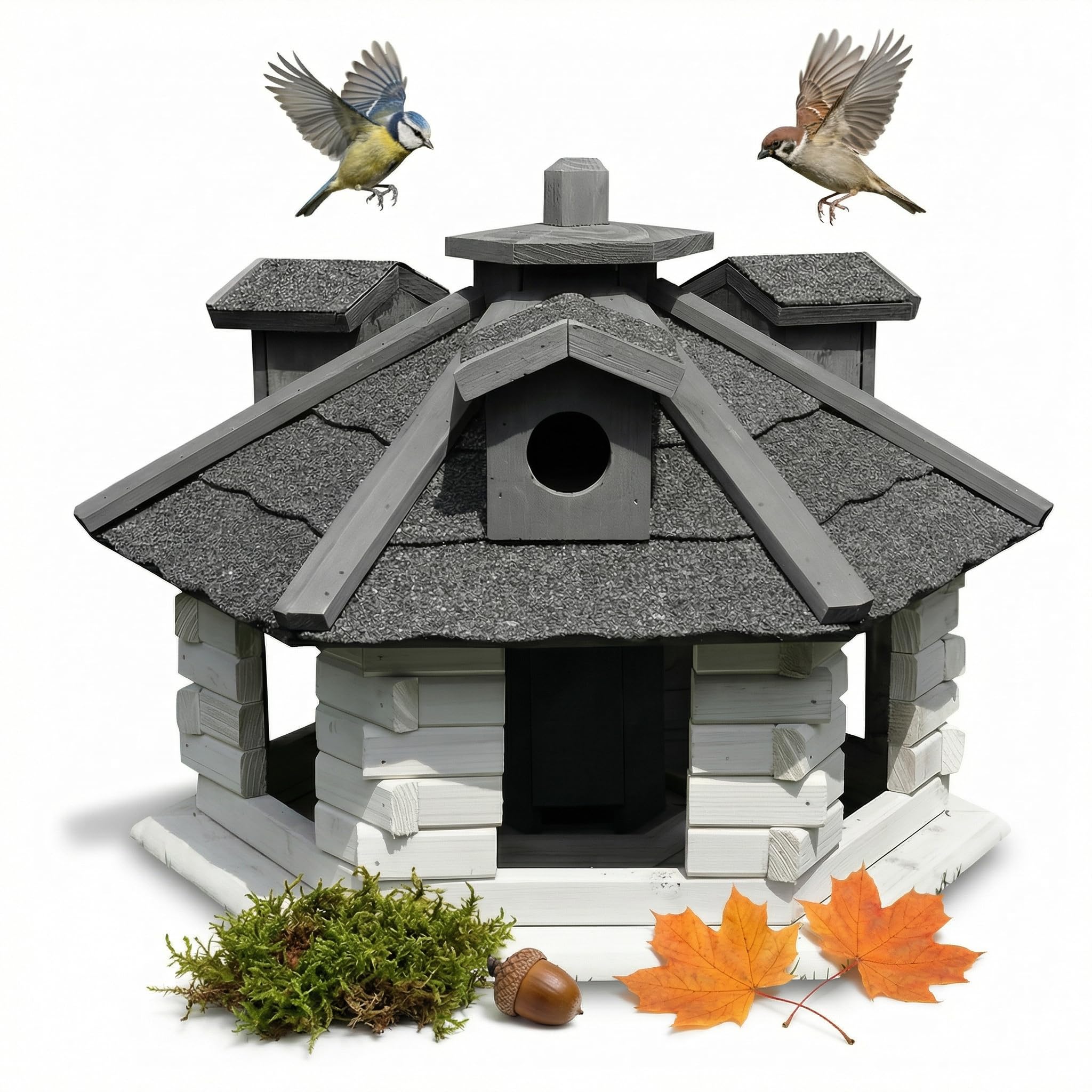 Melko Vogelhaus Vogelfutterhaus 6-eckig 48x48x33 cm Holz mit Futterspender | Dach mit Bitumenschindeln, vorbehandeltes Fichtenholz, 3 Anflugstege, Futter vor Wind und Regen geschützt, in Weiß und Grau