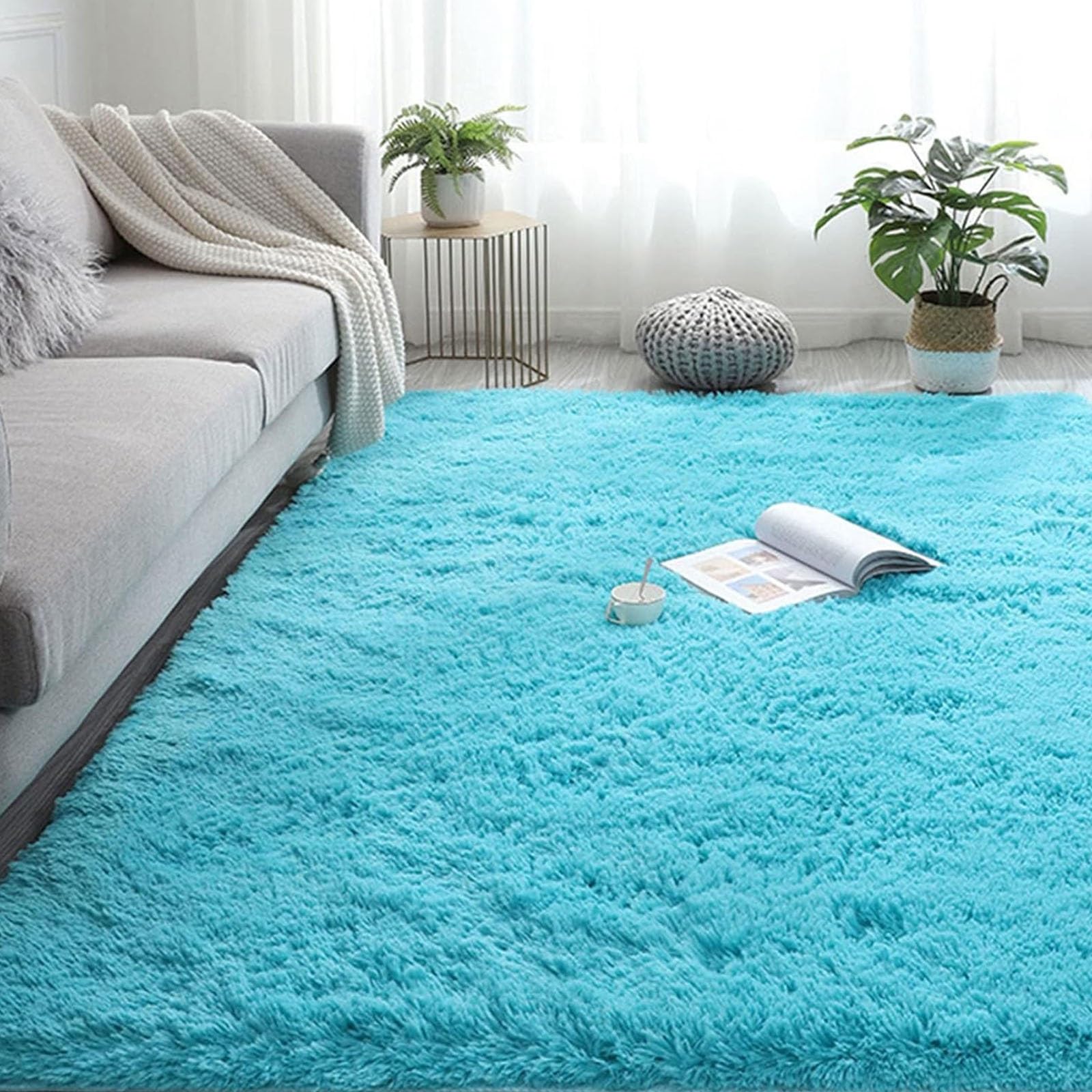 Tapis de salon bleu ciel 140x260 cm shaggy doux lavable