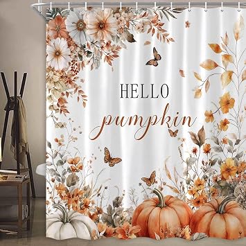 Fall Pumpkin Shower Curtain, Autumn Pumpkins Watercolor Floral Thanksgiving Harvest Bathroom Curtains Home Bathtub Decor Waterproof Fabric Machine Washable with Hooks Set 70x70 Inch