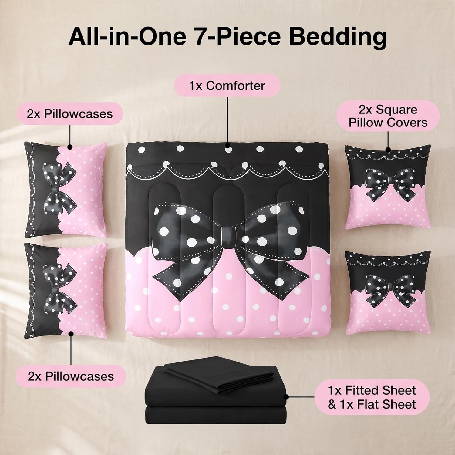 Feelyou Pink Bowknot Comforter Set with Sheets 7 Piece Queen Size Polka Dots Bed in a Bag Kids Boys Girls Bow Tie Bedding Set Polkadot Pattern Bedroom Decor Breathable Soft Lightweight Microfiber