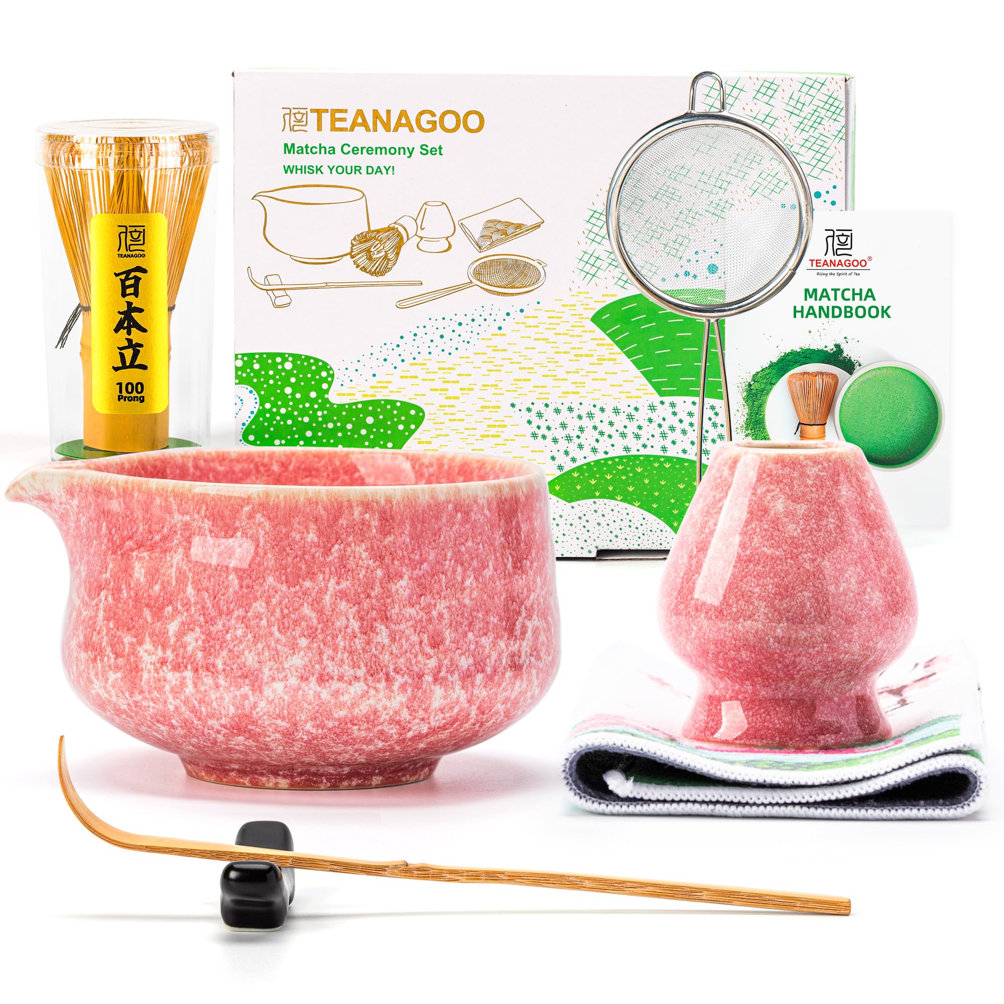 TEANAGOO Matcha-Schneebesen-Set, 7-teilig, rosa für die Herstellung von Latte, Keramikschale (Chawan) mit Ausguss und Schneebesen, Geschenk für Freunde/Familie