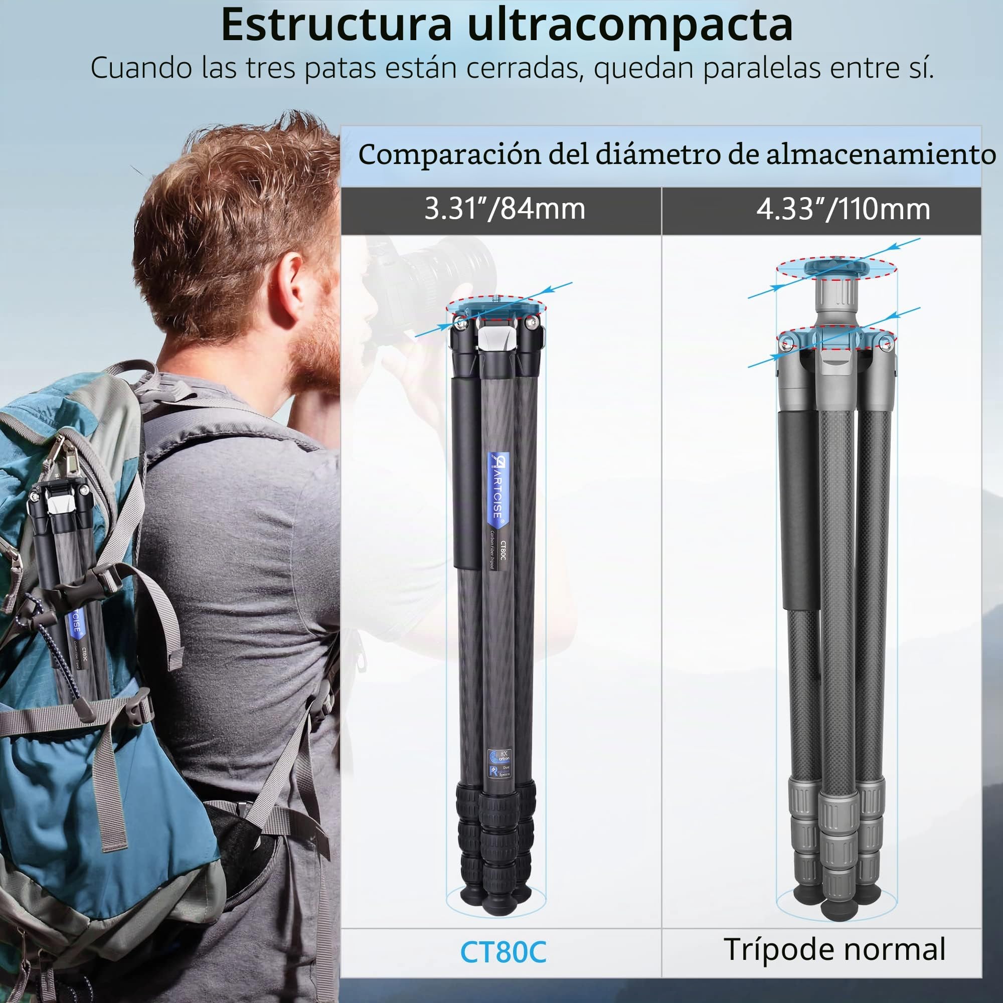 Trípode Compacto de Fibra de Carbono con Bolsa de Piedra ARTCISE CT80C Soporte de cámara de Viaje de Alta Resistencia para videocámara Canon Sony Nikon DSLR, Carga máxima 25 KG