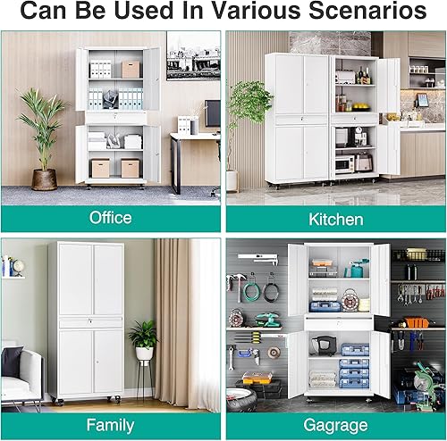 Miniatura 4 de SISESOL Armario de almacenamiento de metal blanco con ruedas y cajón, armario de garaje con puertas de bloqueo y estantes ajustables, armarios de
