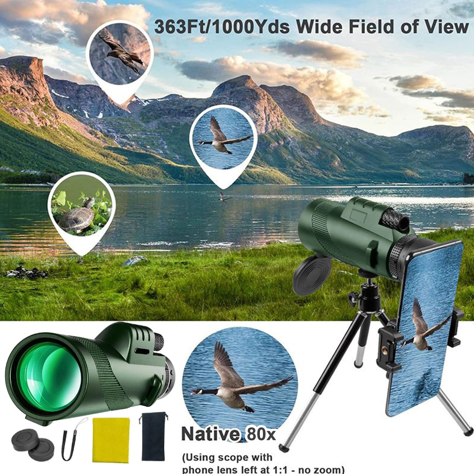 Télescope pour adulte, astronomie pour adultes - Télescope monoculaire pour smartphone - Grossissement 80x - Poids léger pour la chasse aux oiseaux - Astronomie - Chasse - Randonnée Camping
